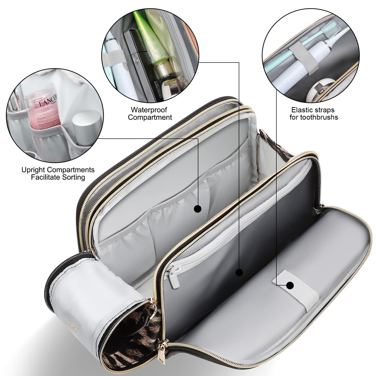 BOOMRICH Large Travel Makeup Bag for Women - Water-Resistant Leather Cosmetic & Toiletry Organizer - Spacious Dopp Kit for Cosmetics, Skincare & Travel Essentials - Perfect for Vacation, Business Trips & Gym Use (Leopard Print)