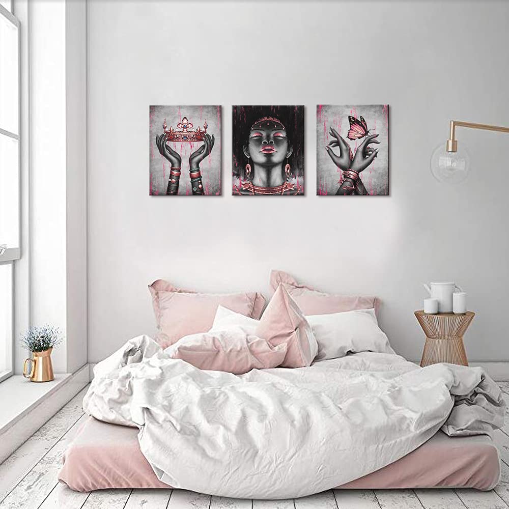 African American Queen Portrait Canvas Wall Art - Black Woman Fashion with Gold Rose Pink Necklace, Bracelet, Crown & Butterfly - Giclee Framed Poster for Living Room, Bedroom, Office & Home Decor