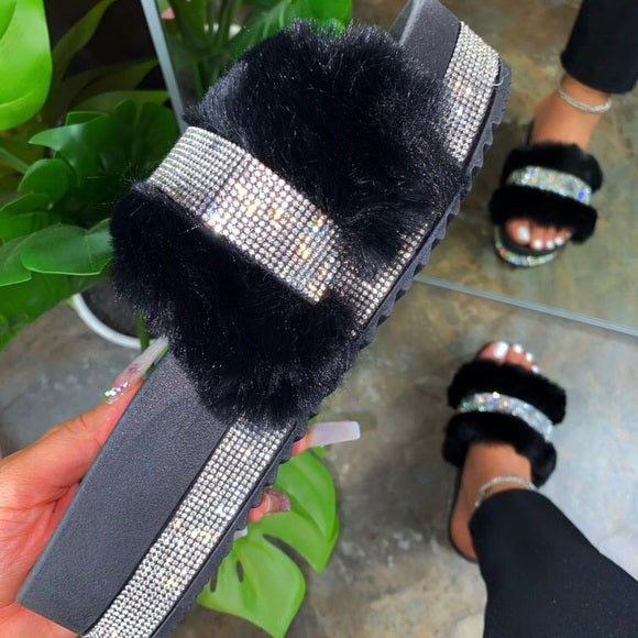 Nia Black Fur Sandals for Women - Comfortable Winter House Slippers with Soft Faux Fur, Non-Slip Sole | Perfect for Indoor, Lounge, and Cozy Home Wear
