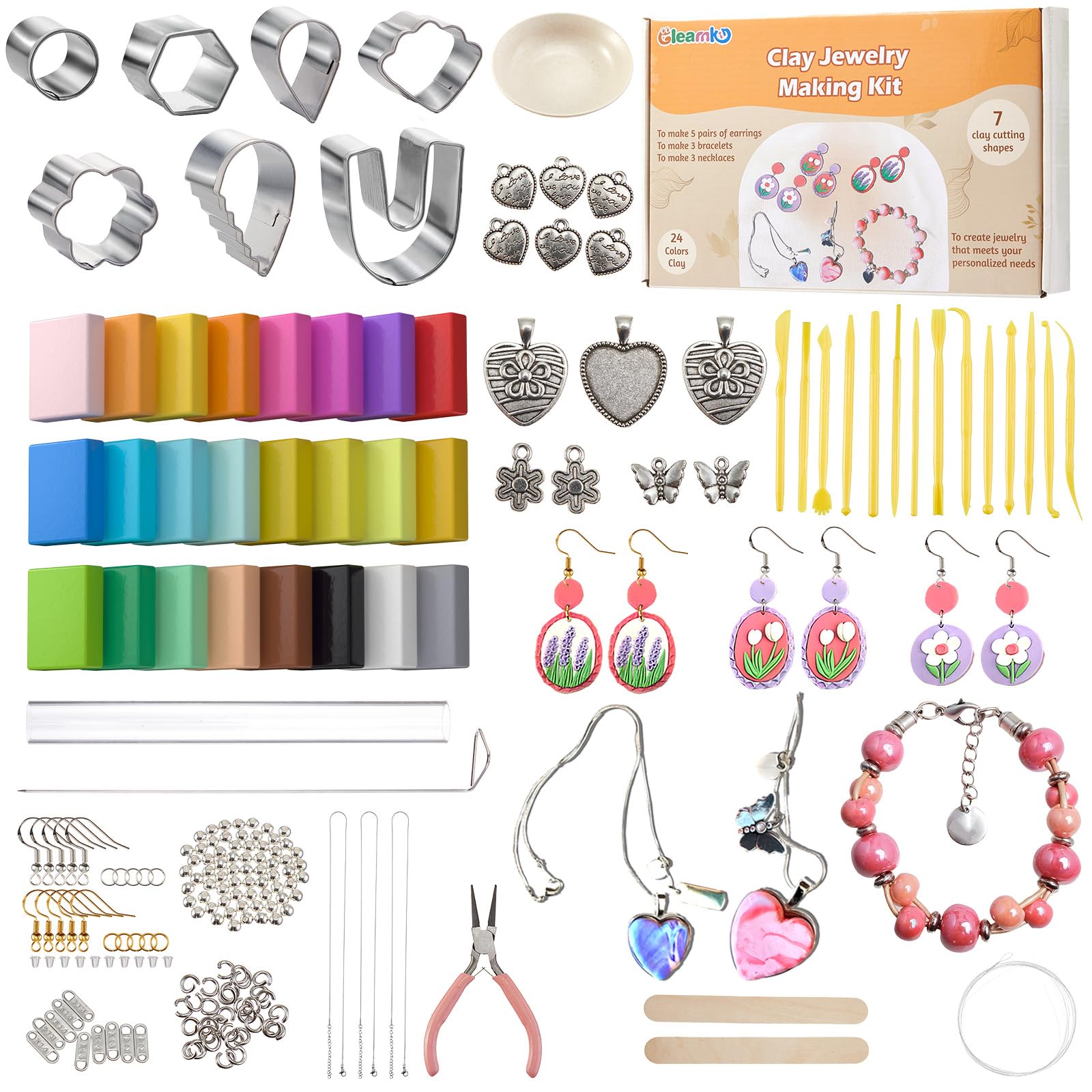 DIY Polymer Clay Jewelry Dish Making Kit for Kids & Teens - 24 Colors, 7 Circle Cutters, Rollers & 212-Piece Earring Tools - Creative Arts & Crafts Gift for Girls Ages 8+ - Perfect for Birthdays, Party Favors & Creative Playtime