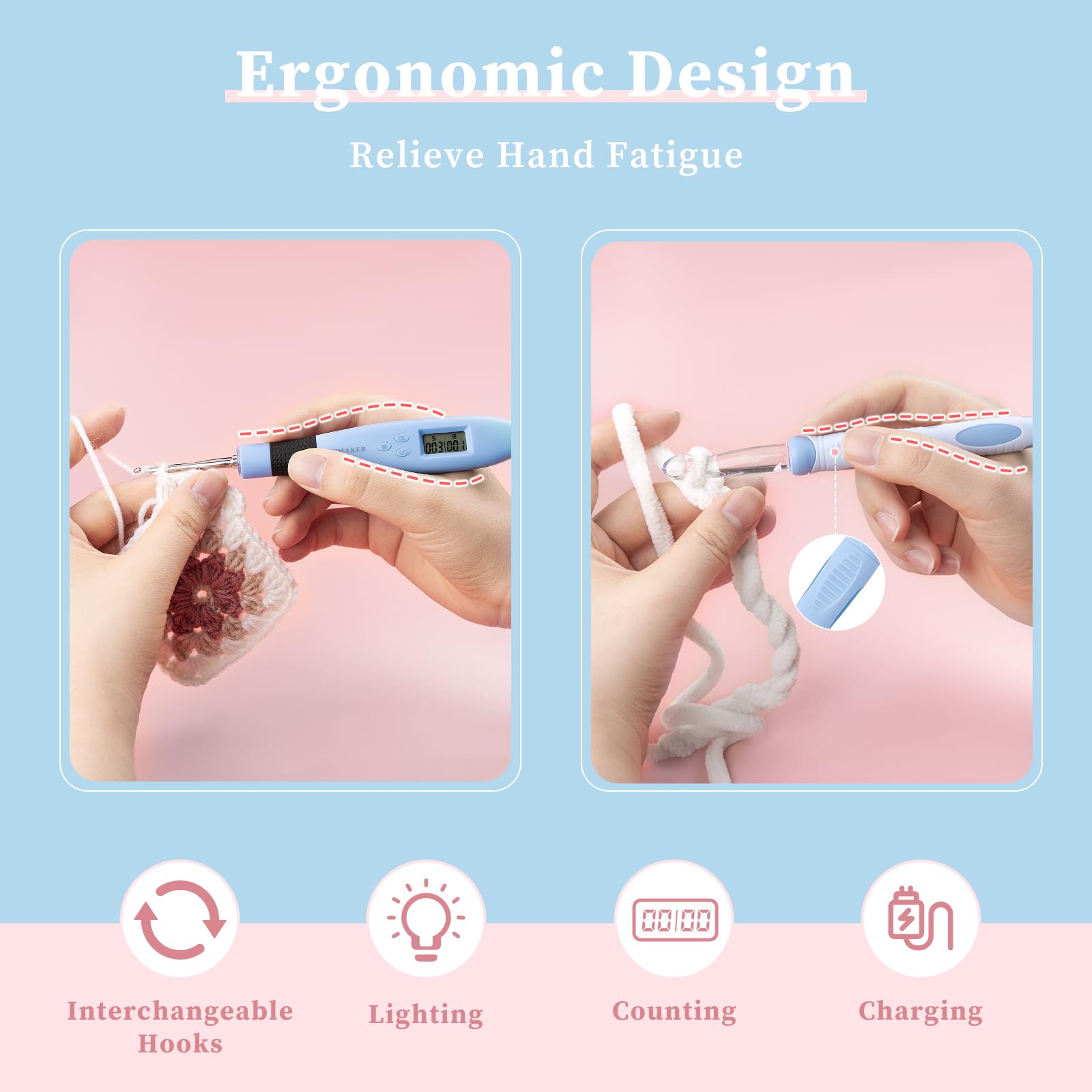 INMAKER Lighted Crochet Hooks Set - Ergonomic Soft Grip with Digital Counting & Storage Case - Glow in the Dark Crochet Needles for Night Knitting & Crafting (Non-Automatic Counting)