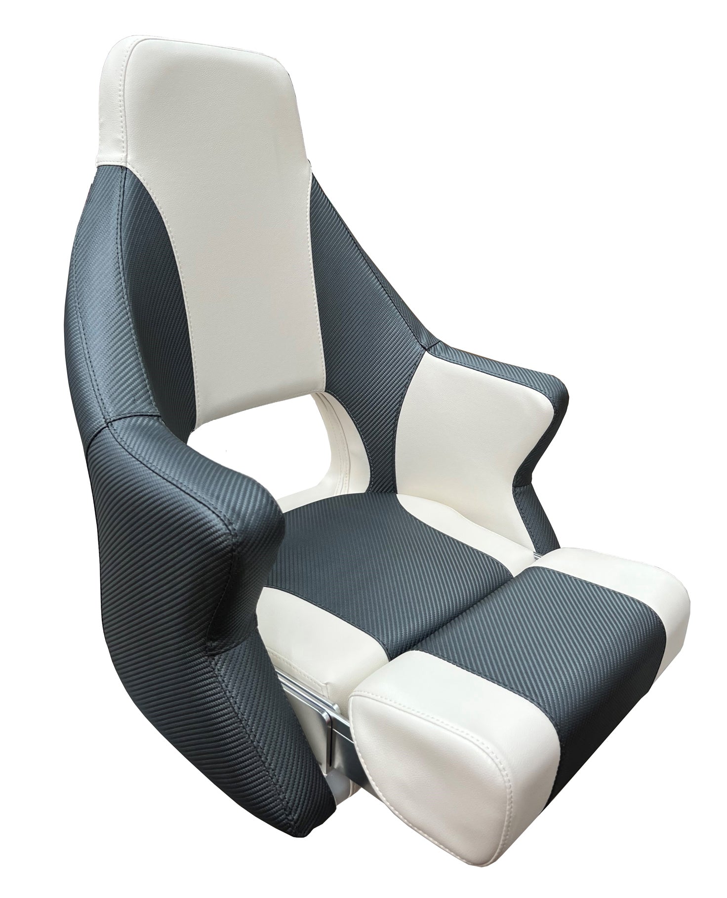 Axis M700 Hi Back Flip Up Seat - White & Dark Grey Carbon Fiber - Perfect for Office, Gaming, and Ergonomic Workspaces