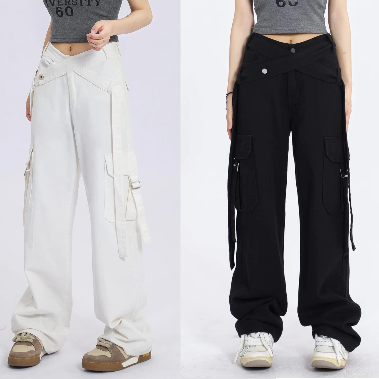 Women's High Waist Wide Leg Cargo Jeans - Y2K Fashion Denim Pants with Flap Pockets & Belt | Trendy Boyfriend Baggy Jeans for Casual Outfits & Streetwear Style