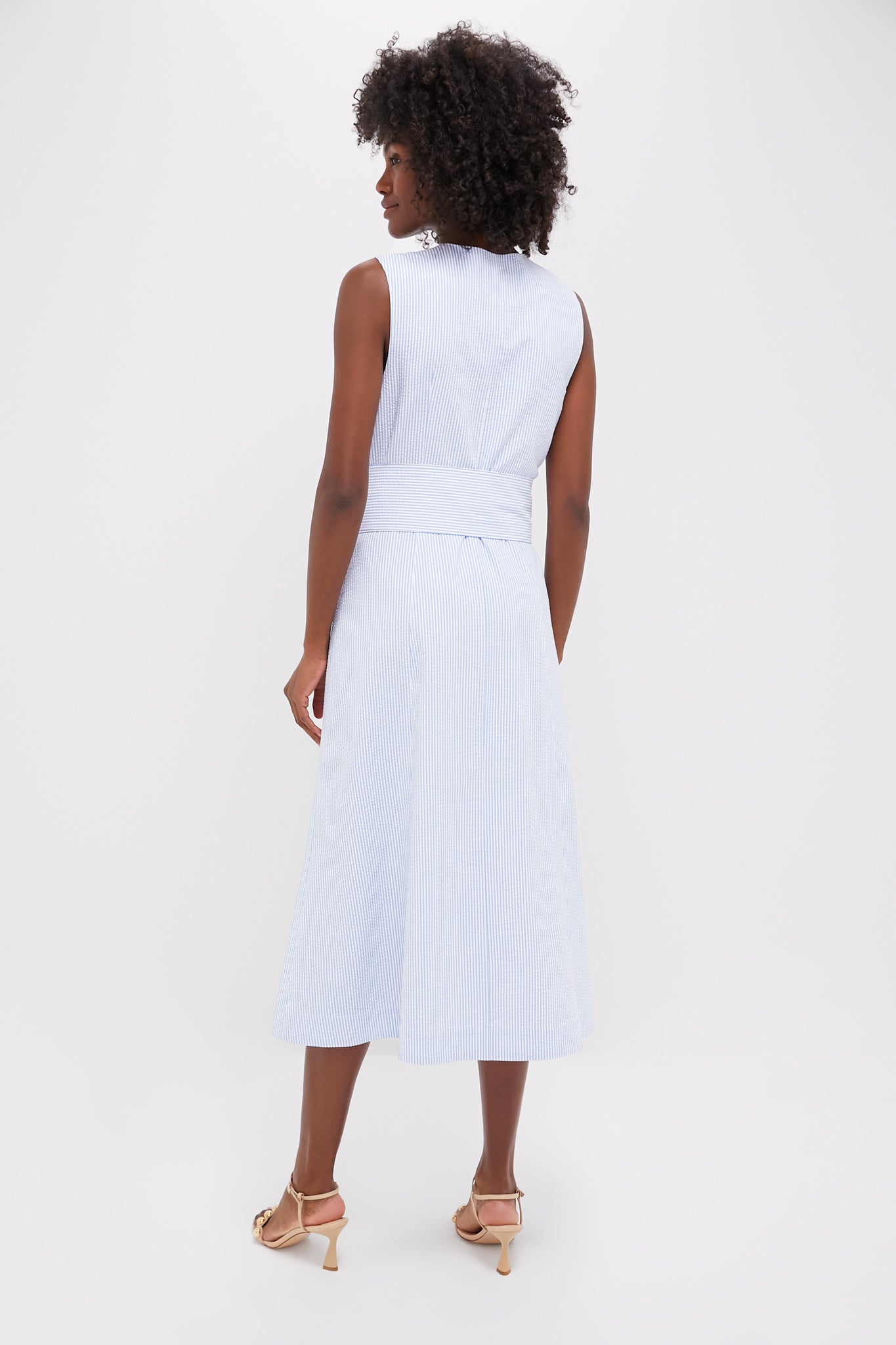 Blue Seersucker Delta Dress for Women - Lightweight Summer Sundress with Ruffles - Perfect for Beach Vacations, Garden Parties & Brunch Dates