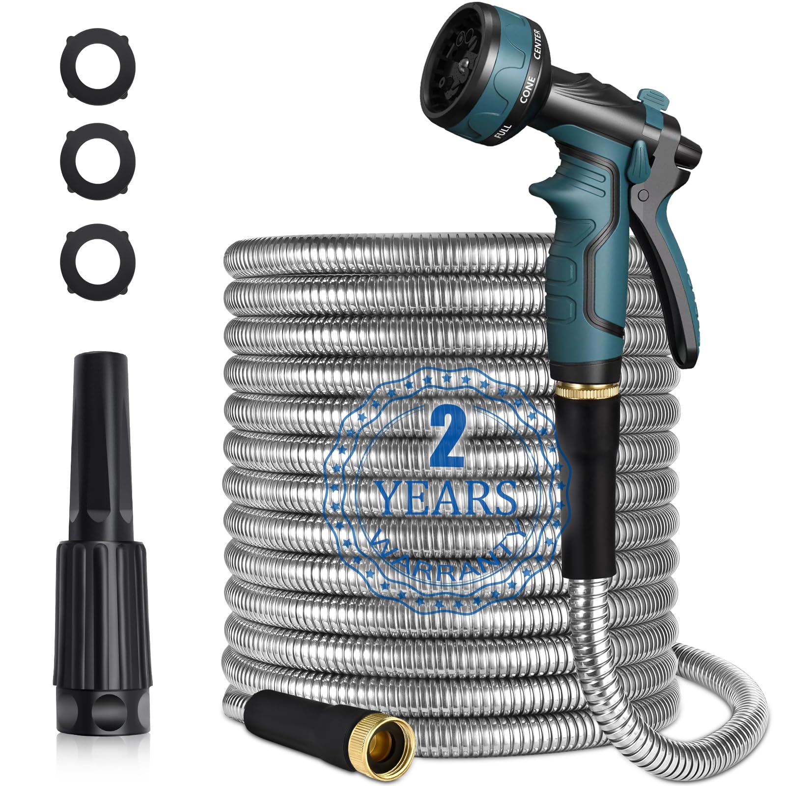 50FT Heavy Duty Stainless Steel Garden Hose - Rust-Proof, Anti-Puncture, Kink-Free & Lightweight with 8-Function Spray Nozzle for Lawn, Yard & Outdoor Watering | Perfect for Gardening, Car Washing & Patio Cleaning