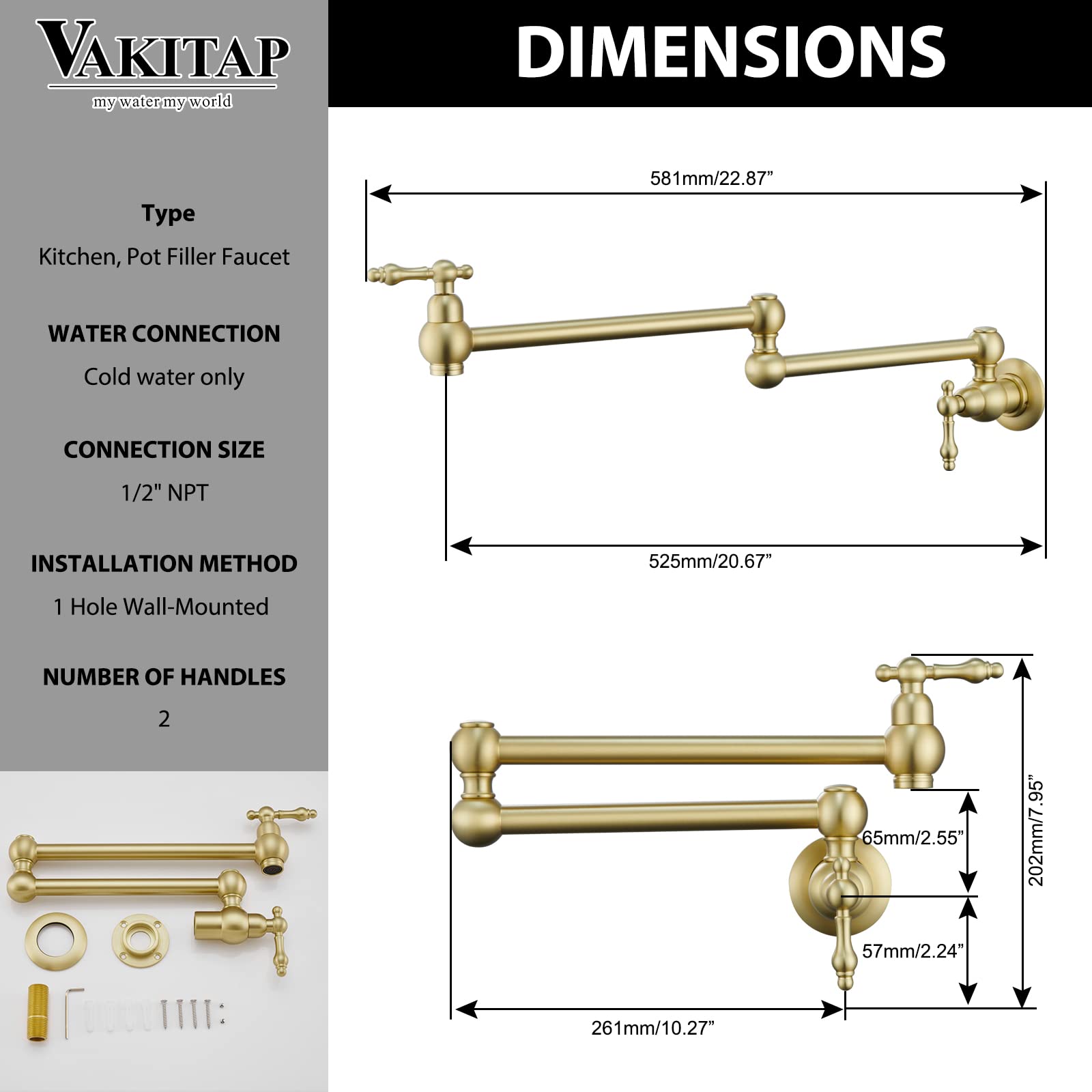 Brushed Gold Pot Filler Faucet - Wall Mount Brass Traditional Kitchen Faucet with Double Joint Swing Arms for Stove (3005-BG) - Perfect for Cooking, Soup Making & Pasta Preparation