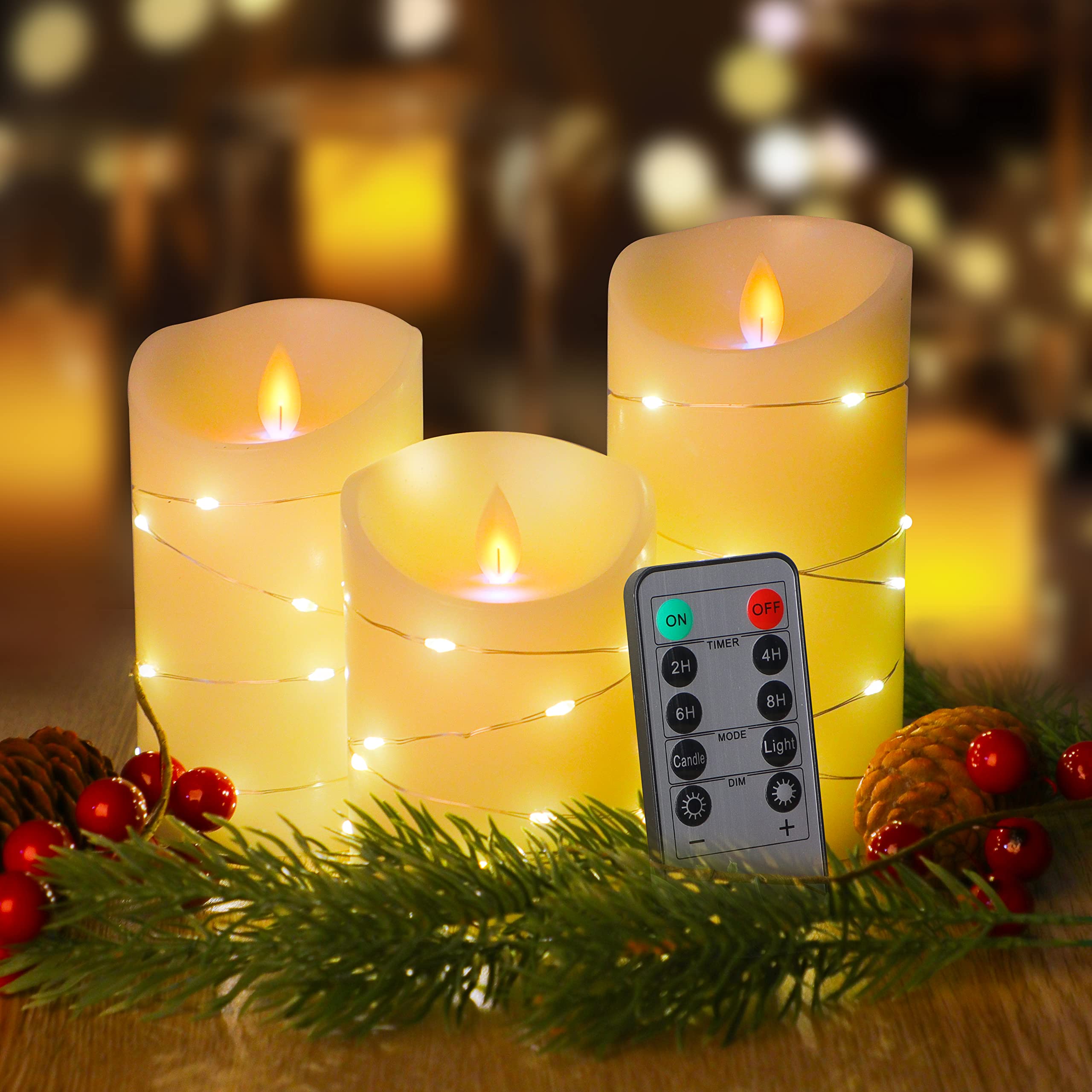 Urumy Flameless LED Candles with Remote - 3 Pack Battery Operated Candles with 2 Color Changing Flames & Silver Fairy Lights for Home Decor, Christmas, Halloween, Party, Wedding - Perfect for Romantic Dinners, Holiday Decorations and Relaxing Ambiance