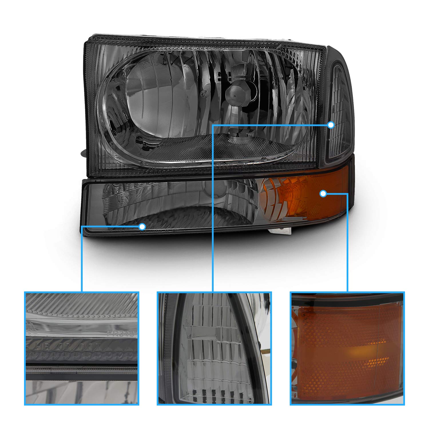 AmeriLite OE Smoke Headlights Set for Ford F250 F350 - Easy Installation