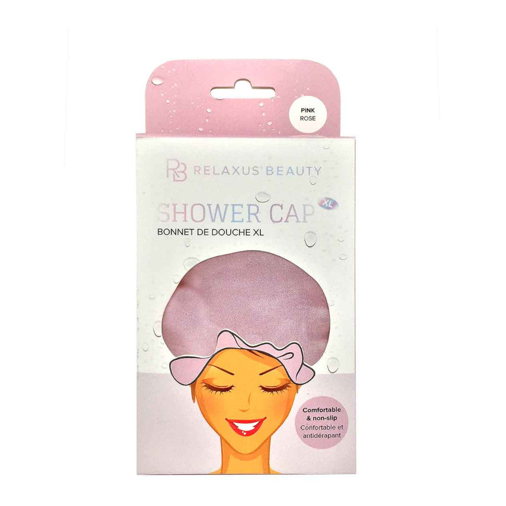 RELAXUS 500948 Premium Waterproof Shower Cap for Women - Soft Pink Bath Hair Protector for Swimming, Spa & Salon Use