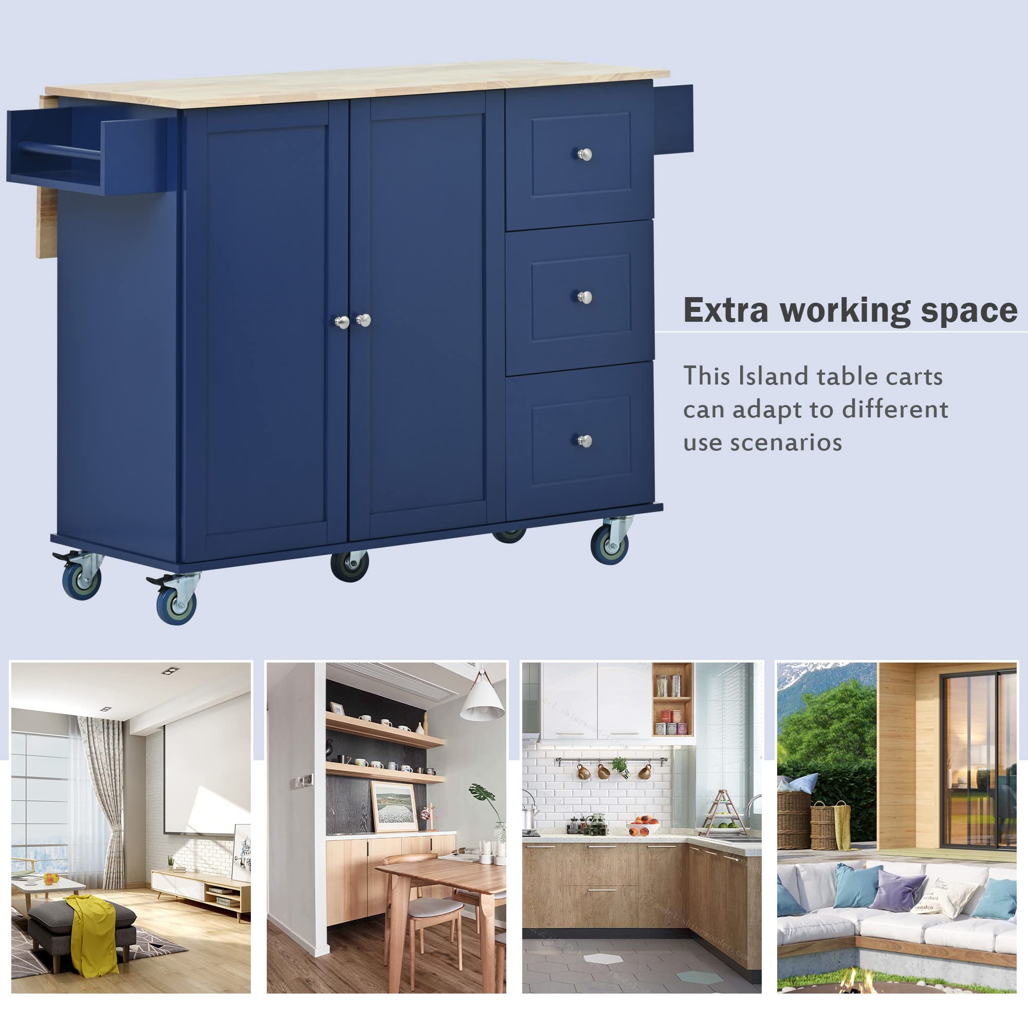 Mobile Kitchen Cart with Wood Top & Drop Leaf Breakfast Bar - 52.7