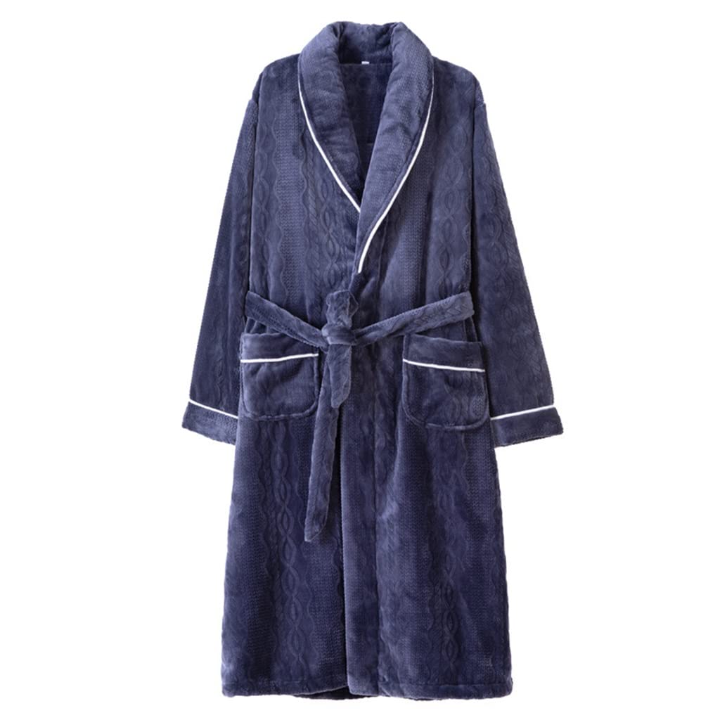 Men's Warm Flannel Kimono Bathrobe with Belt - Soft Padded Sleepwear Nightgown & Thick Robe for Winter - XXXL Blue - Perfect for Lounging, Sleepwear & Spa Relaxation at Home