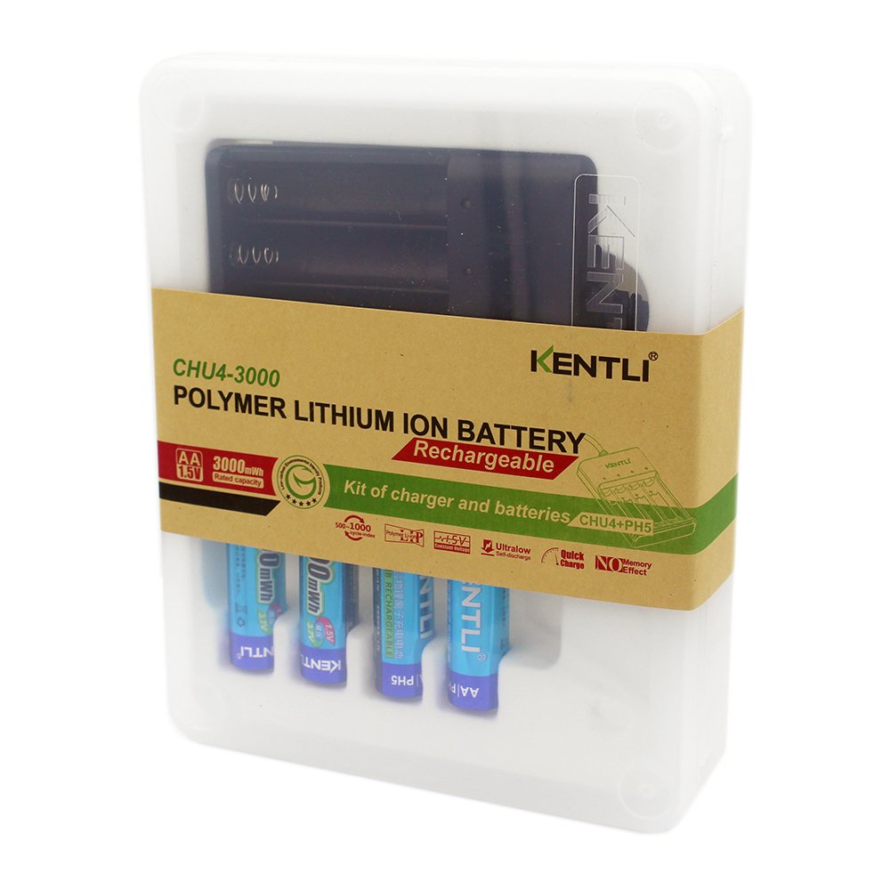CHU4 USB Charger with 4 x 1.5V 3000mWh Rechargeable AA Lithium Batteries - Compatible with LED Flashlights, Digital Cameras & Microphones - Includes 4 AA Li-Polymer Batteries for Home, Travel & Emergency Power Needs