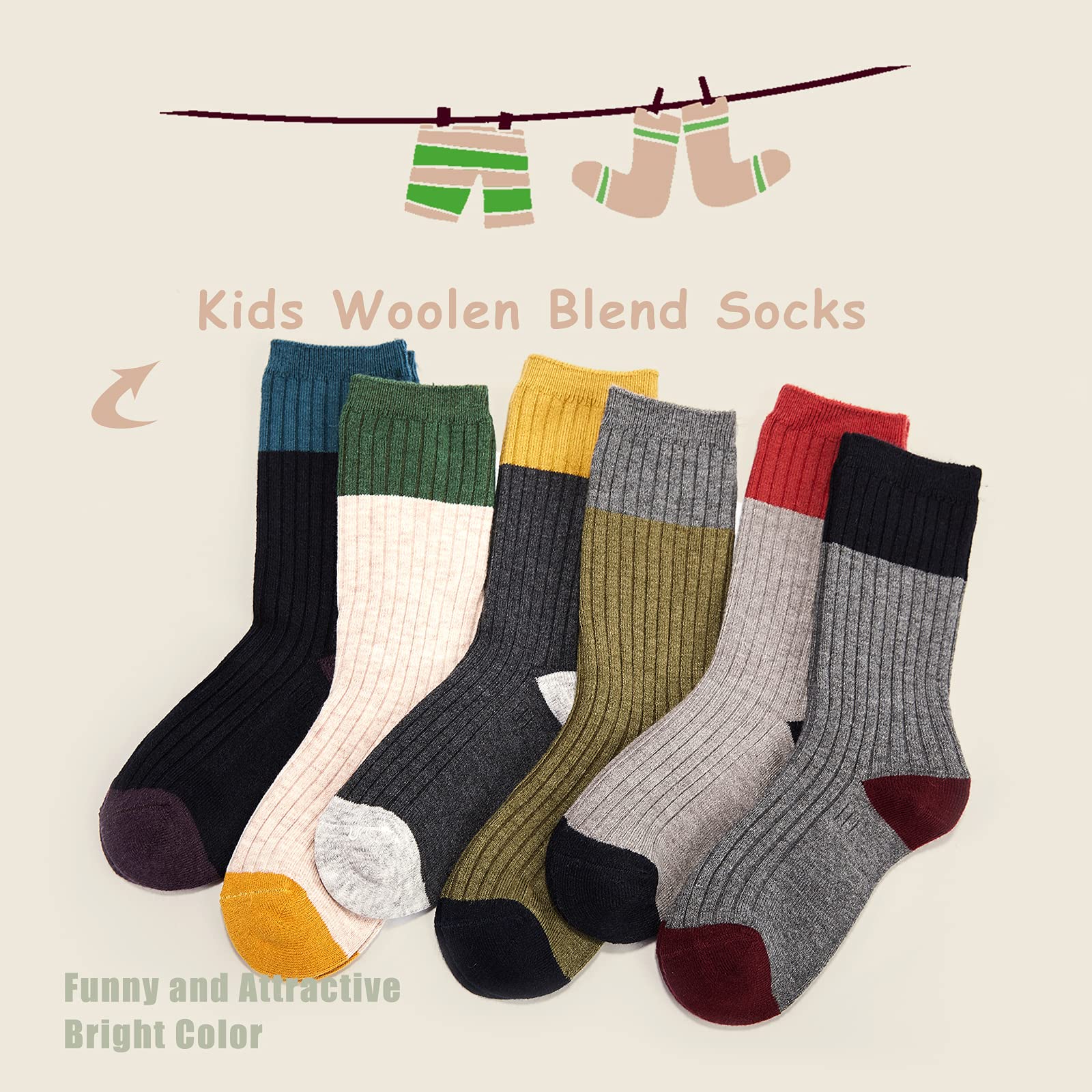 HowJoJo Boys Wool Socks - 6 Pack Kids Winter Warm Thermal Crew Socks for Boys - Perfect for School, Outdoor Activities & Cold Weather Comfort