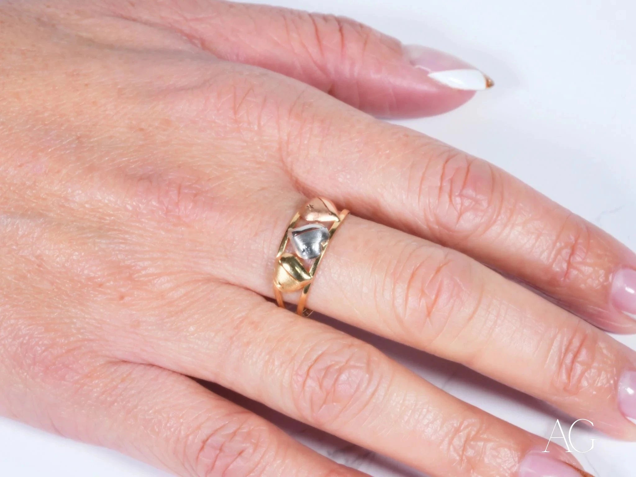 18K Tri-Tone Gold Three Hearts Ring - Elegant Stackable Jewelry for Women, Perfect for Valentine's Day, Anniversary & Romantic Gifts