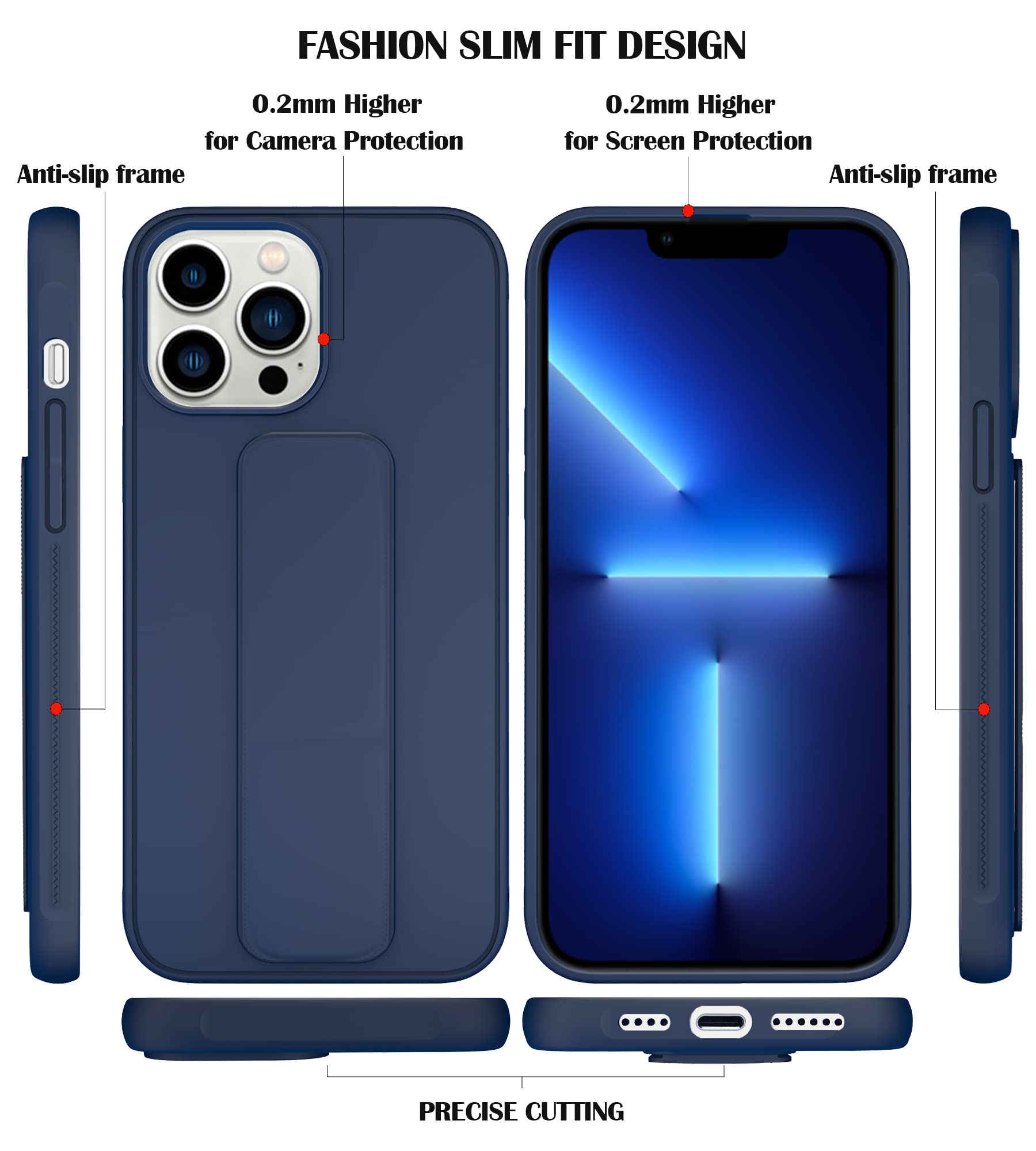 Varikke Magnetic Stand Case for iPhone 13 Pro - Slim Silicone Phone Cover with Kickstand & Wrist Strap, Dark Blue | Perfect for Hands-Free Viewing, Gaming, and Video Calls