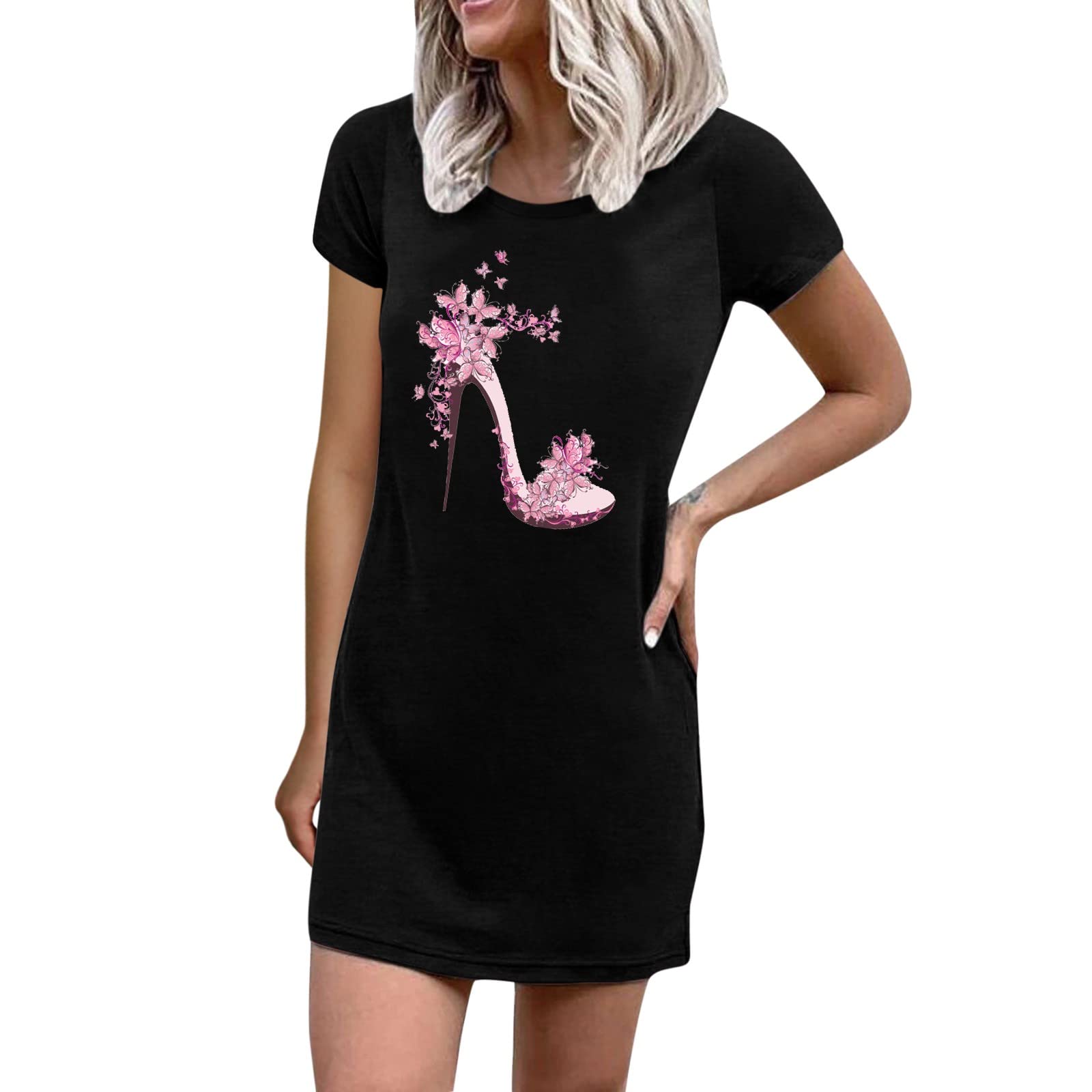 Women's High Heel Printed T-Shirt Dress - Crew Neck Short Swing Dress for Summer | Casual Wear, Beach Outfits & Party Dresses