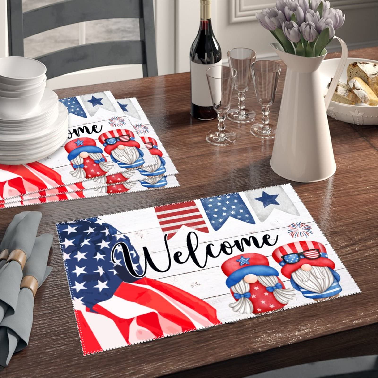 Farmhouse Style USA Flag Patriotic Placemats Set of 6 - Non-Slip, Heat Resistant Table Mats for 4th of July, Memorial Day & Independence Day Decor - Vintage Retro Gnome Design for Kitchen & Dining Room Decorations