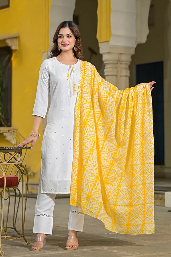Stylish Yellow Rayon Blend Embroidered Kurta Set for Women | Traditional Indian Ethnic Wear | Perfect for Festivals, Weddings & Casual Outings