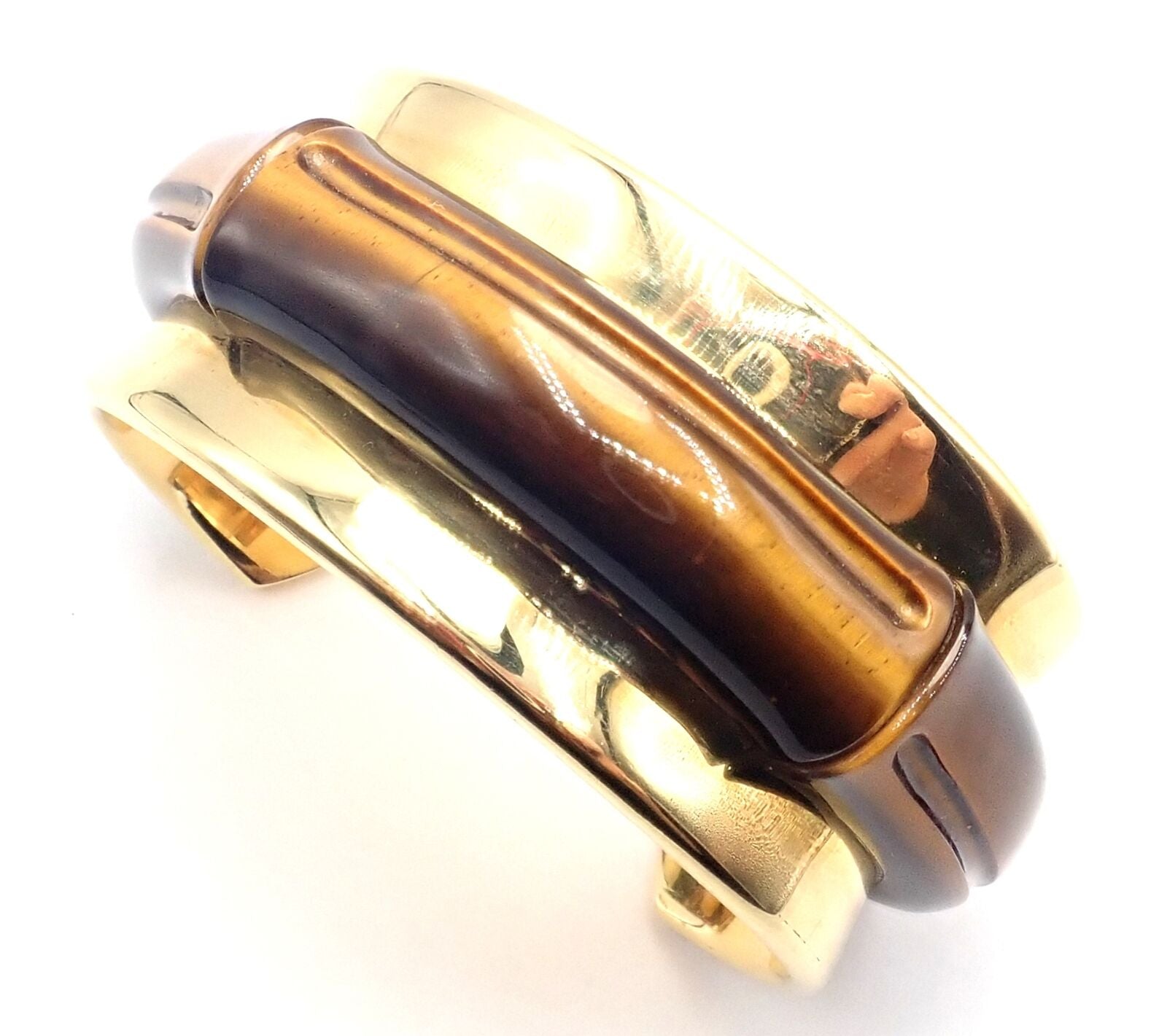 Authentic Tiffany & Co 18K Yellow Gold Tiger Eye Bangle Cuff Wide Bracelet for Women - Luxury Statement Jewelry for Parties, Weddings & Special Occasions