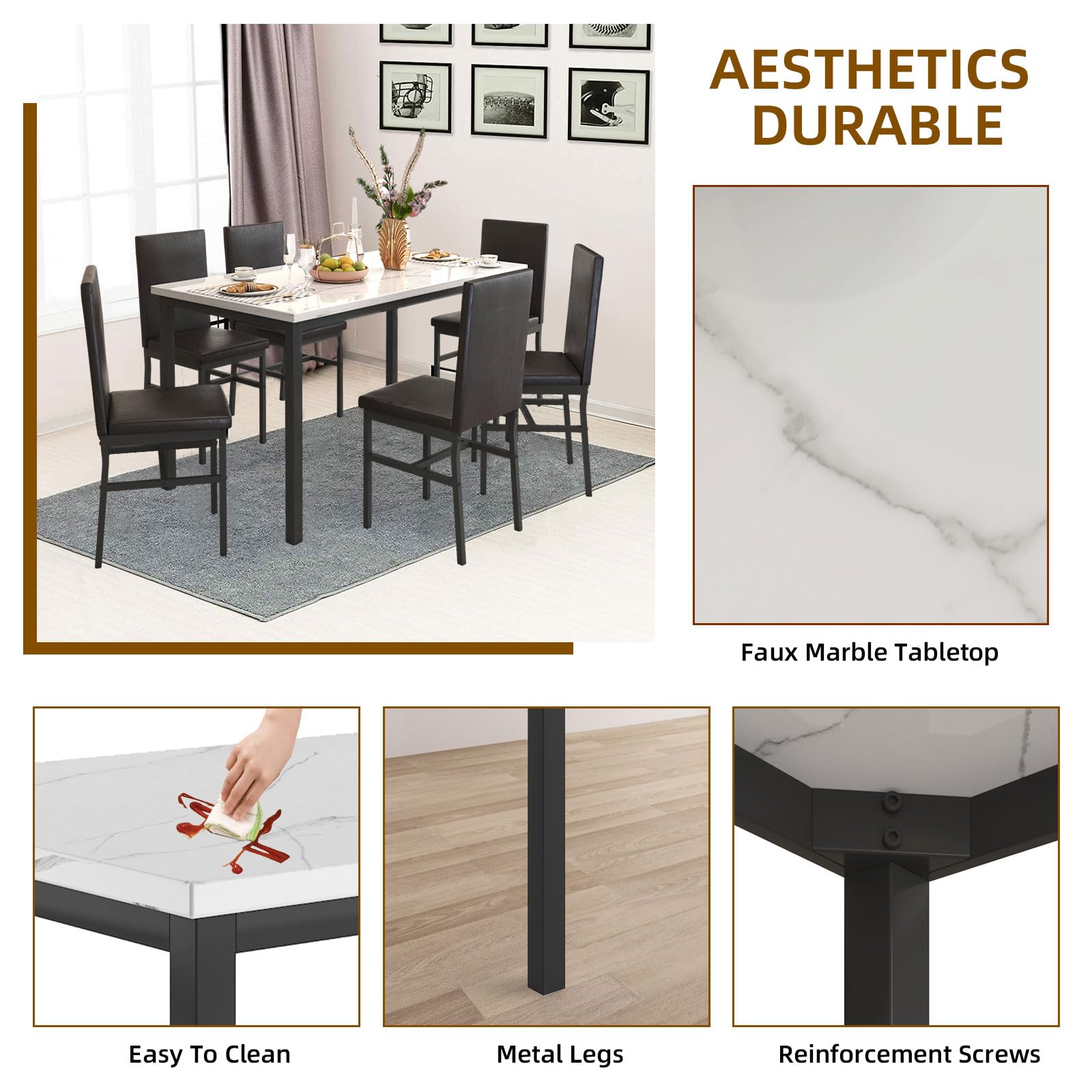 6-Piece Dining Table Set with Faux Marble Top & PU Leather Chairs - Modern Kitchen Table & Chair Set for Small Spaces, Apartments & Dining Rooms (White 1 Table + 6 Chairs) - Perfect for Family Meals, Dinner Parties & Compact Living Spaces