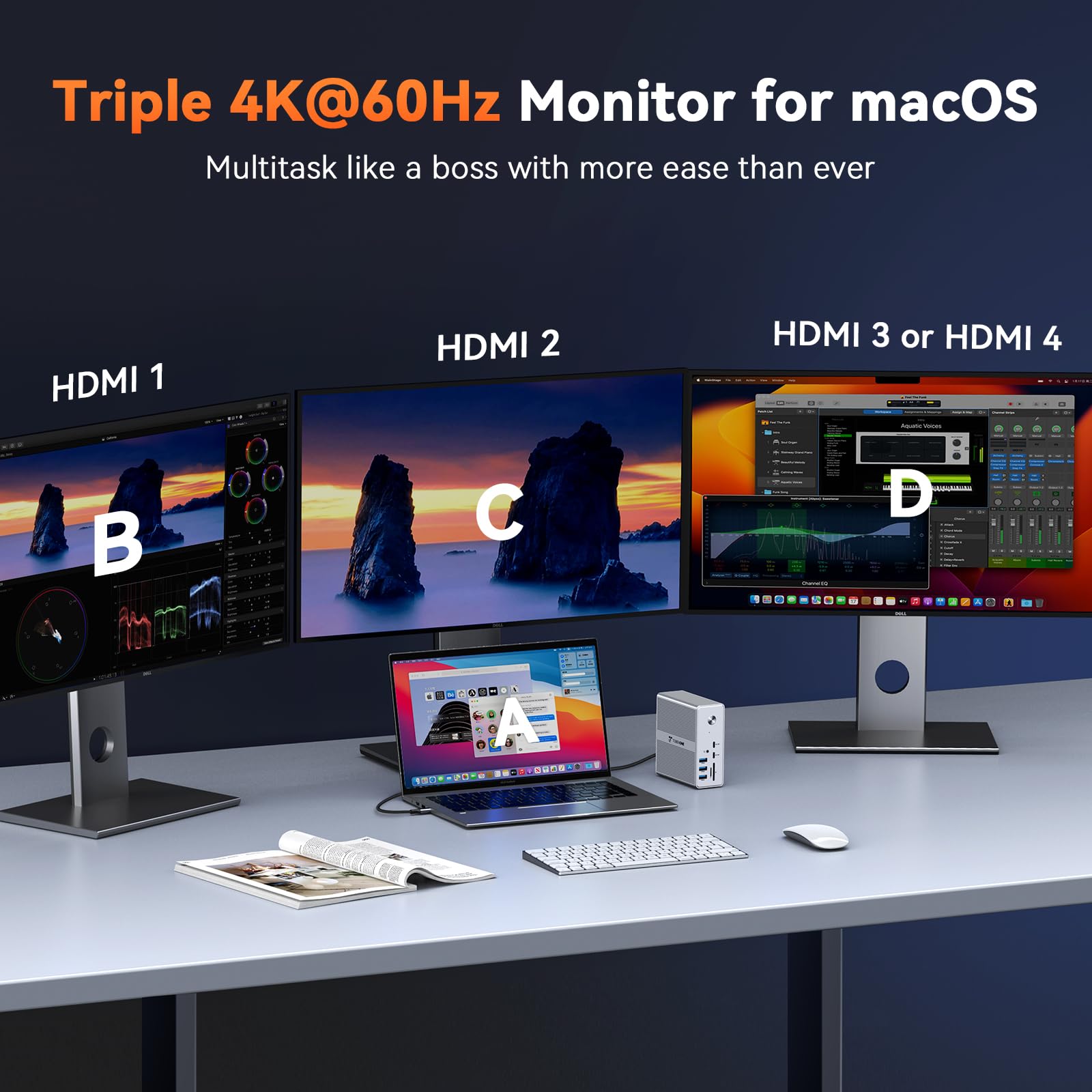 TobenONE 18-in-1 DisplayLink Docking Station with 4 HDMI Ports - Quad/Triple 4K@60Hz Monitor Support, 120W Power Supply - Compatible with Thunderbolt 5/4/3, USB4, USB-C Windows & MacBook (8 USB Ports, Ethernet) - Perfect for Home Office, Multi-Screen Workstations & Gaming Setups