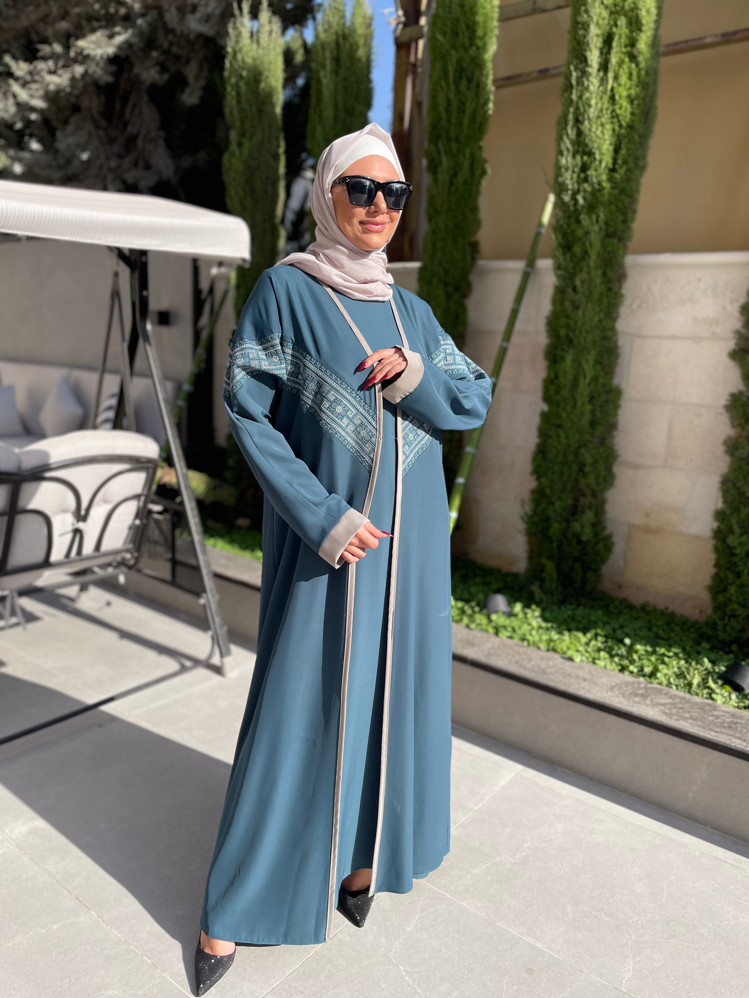 Elegant Two-Piece Colorful Embellished Abaya Set - Modest Islamic Dress for Women - Perfect for Eid, Ramadan & Special Occasions