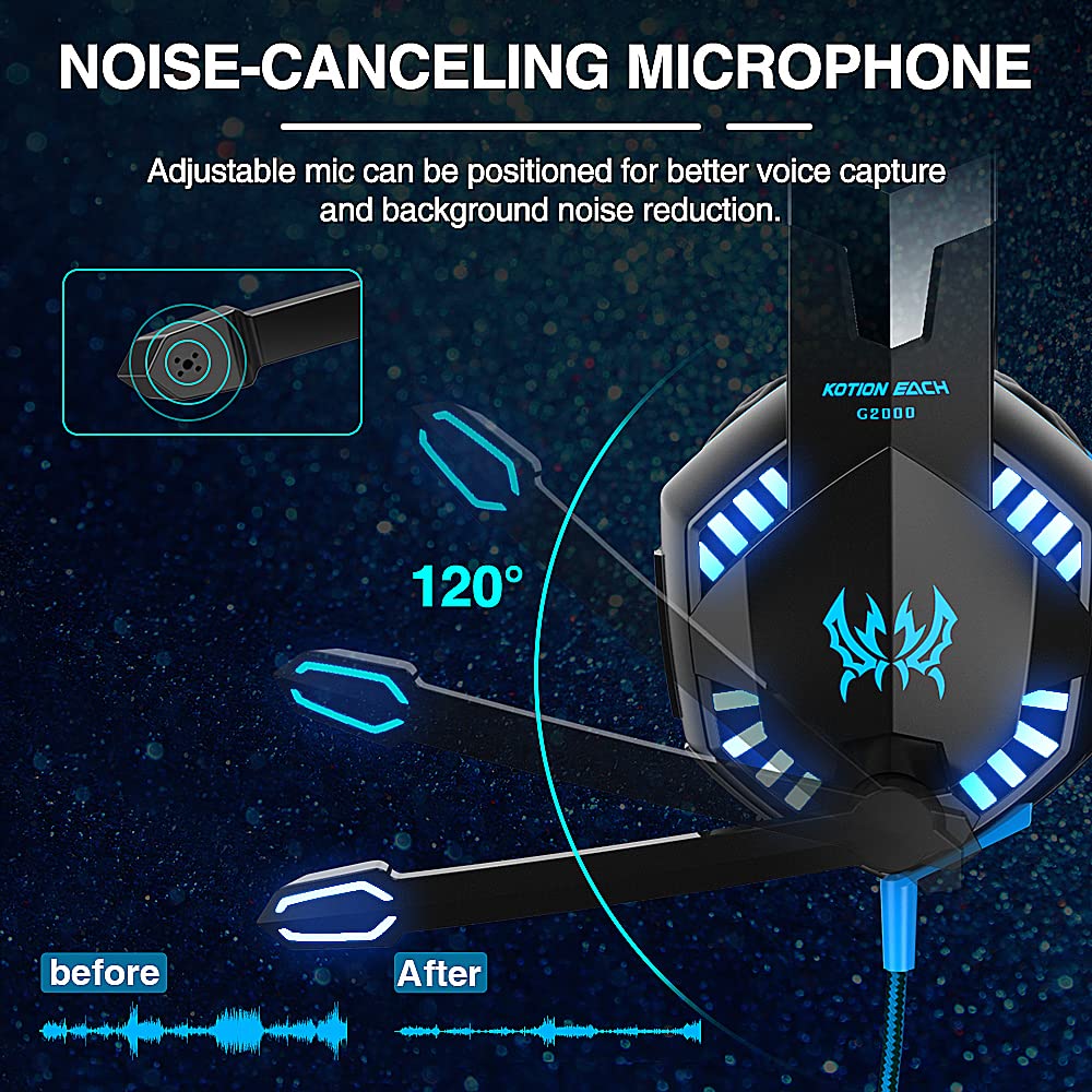 VersionTECH. G2000 Gaming Headset with Noise Cancelling Mic - Bass Surround Sound, LED Lights & Soft Memory Earmuffs for PS5, PS4, Xbox One, PC, Mac, Nintendo Switch - Perfect for FPS, RPG & Online Gaming (Blue)