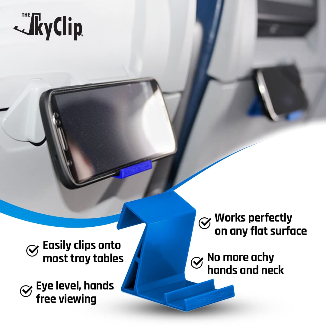 SkyClip Airplane Phone Holder - Secure Back of Seat Tray Table Clip & Durable Stand for iPhone, Android, Tablets - Perfect for Inflight Entertainment & Travel Accessories (Blue, 2 Pack) - Ideal for Watching Movies, Reading eBooks & Hands-Free Use on Flights