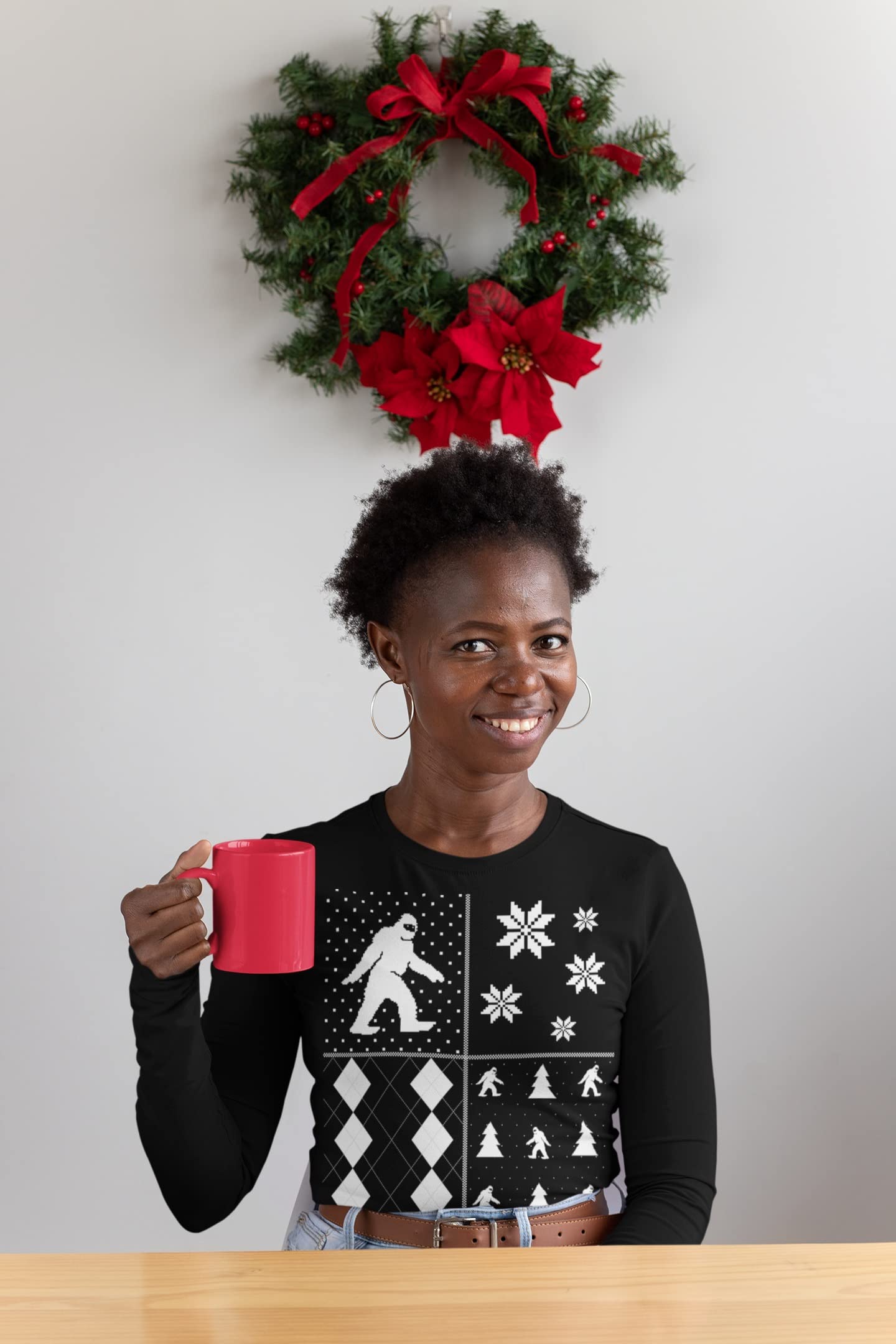 Festive Sasquatch Ugly Christmas Sweater - Women's Long Sleeve Black T-Shirt for Holiday Parties & Family Gatherings