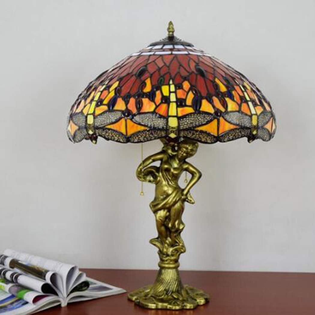 European Retro Pastoral Dragonfly Tiffany Style Table Lamp - 17.7 Inch Handmade Stained Glass Desk Light for Reading, Living Room, Bedroom & Bedside - Warm Red Ambient Lighting (Perfect for Cozy Evenings & Home Office Decor)