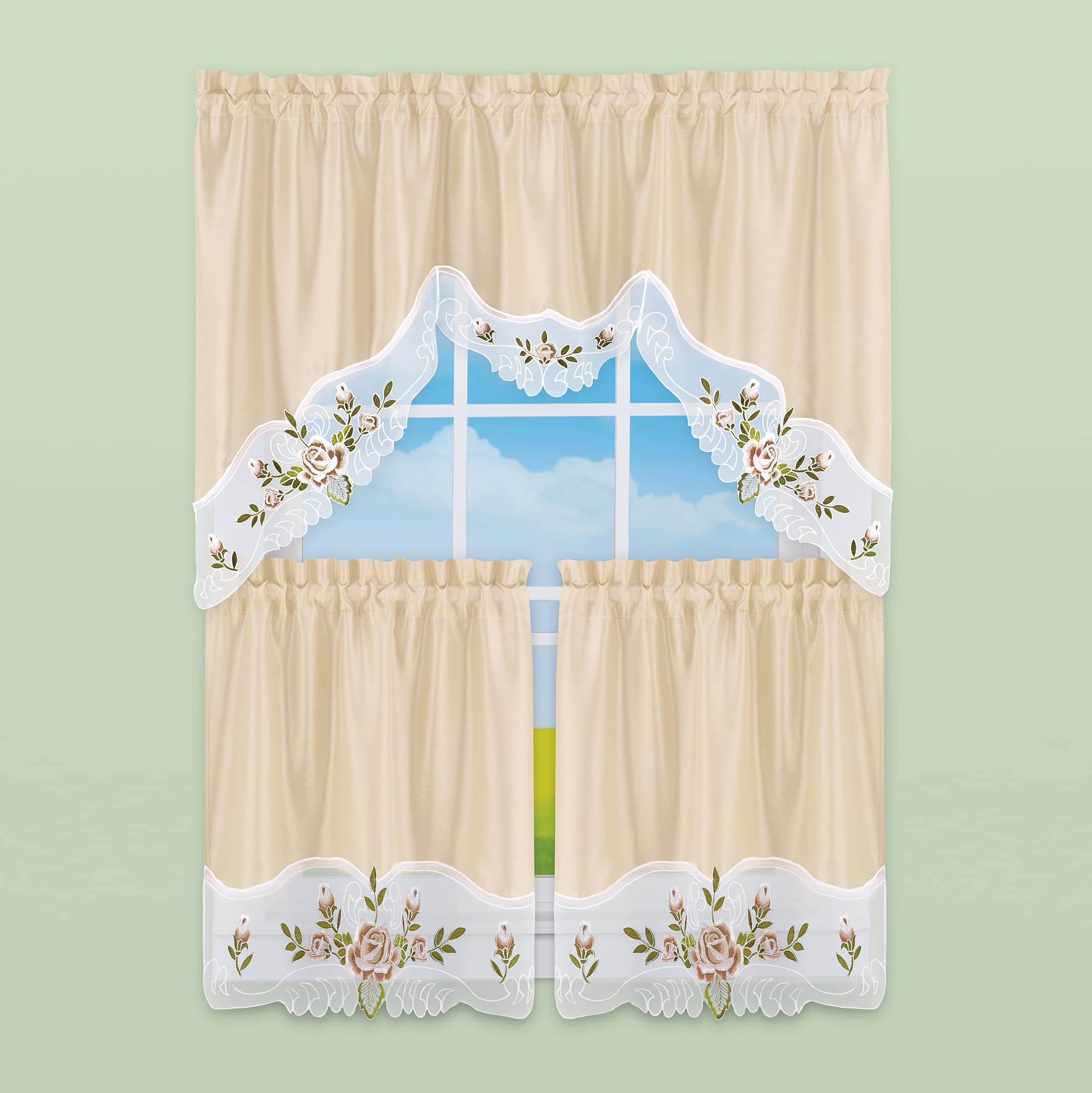 Elegant Rose Trim Embroidered Rod Pocket Window Curtains for Living Room & Bedroom - Home Decor Blackout Drapes