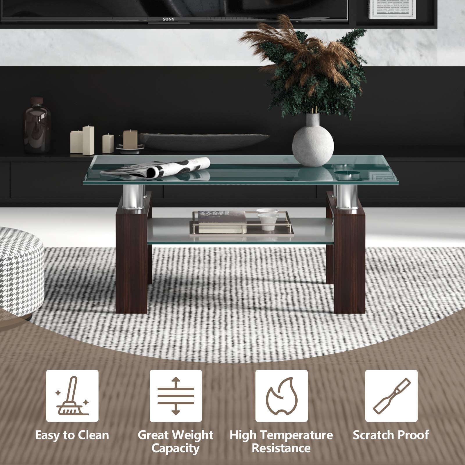 Tangkula Modern Rectangular Glass Coffee Table with Lower Shelf - Tempered Glass Top & Sturdy Metal Legs - Perfect for Living Room, Office, or Lounge (Coffee Table, Side Table)