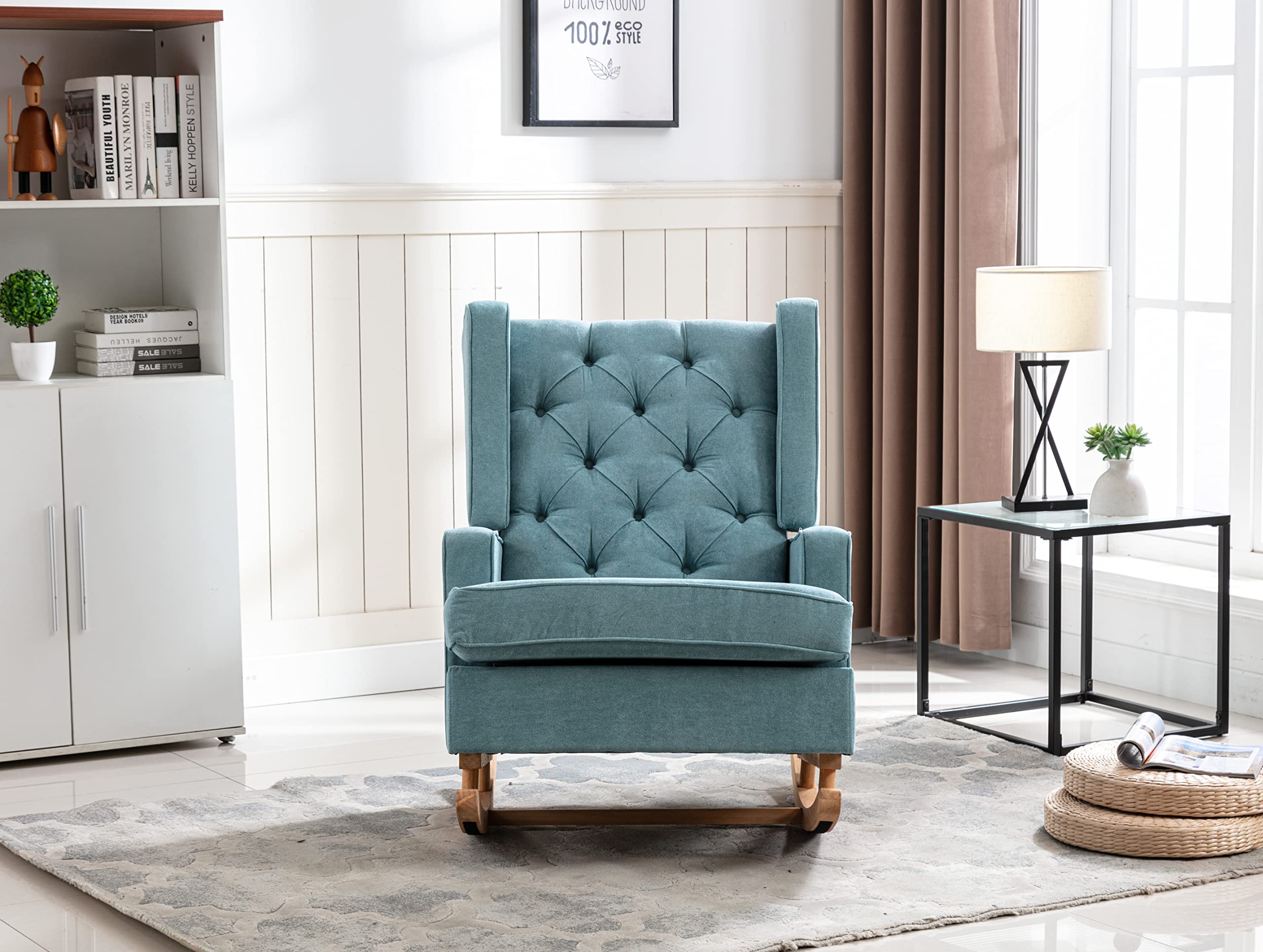 Bellemave Mid Century Modern Accent Chair - Mint Green Upholstered Rocking Chair with Solid Wood Base for Living Room, Nursery & Baby Room | Oversized Wingback Armchair for Relaxing, Nursing & Decor