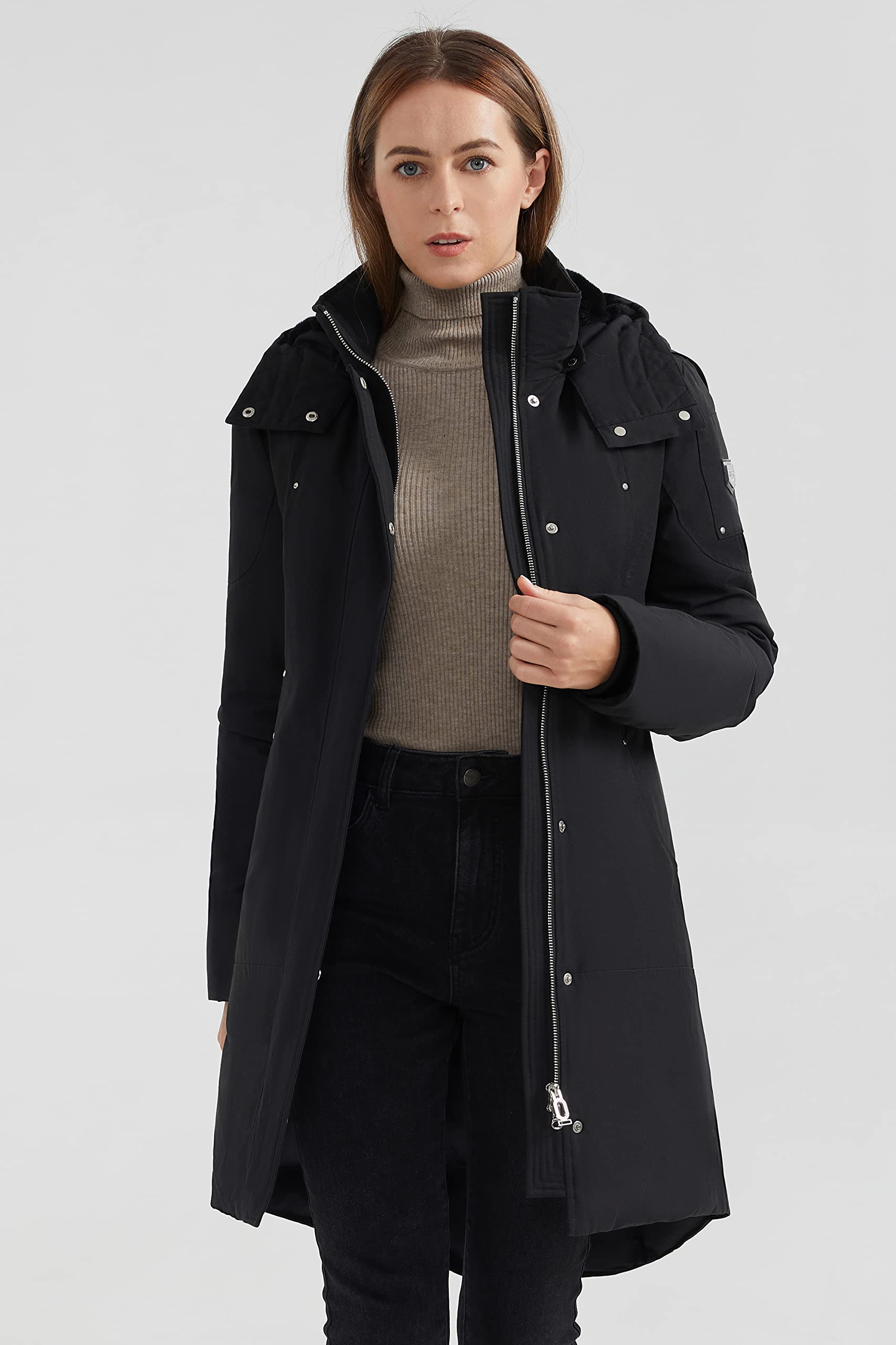 Orolay Women's Mid-Length Down Coat - Hooded Winter Parka with Stand Collar | Warm Puffer Jacket for Cold Weather, Outdoor Activities & Daily Commute