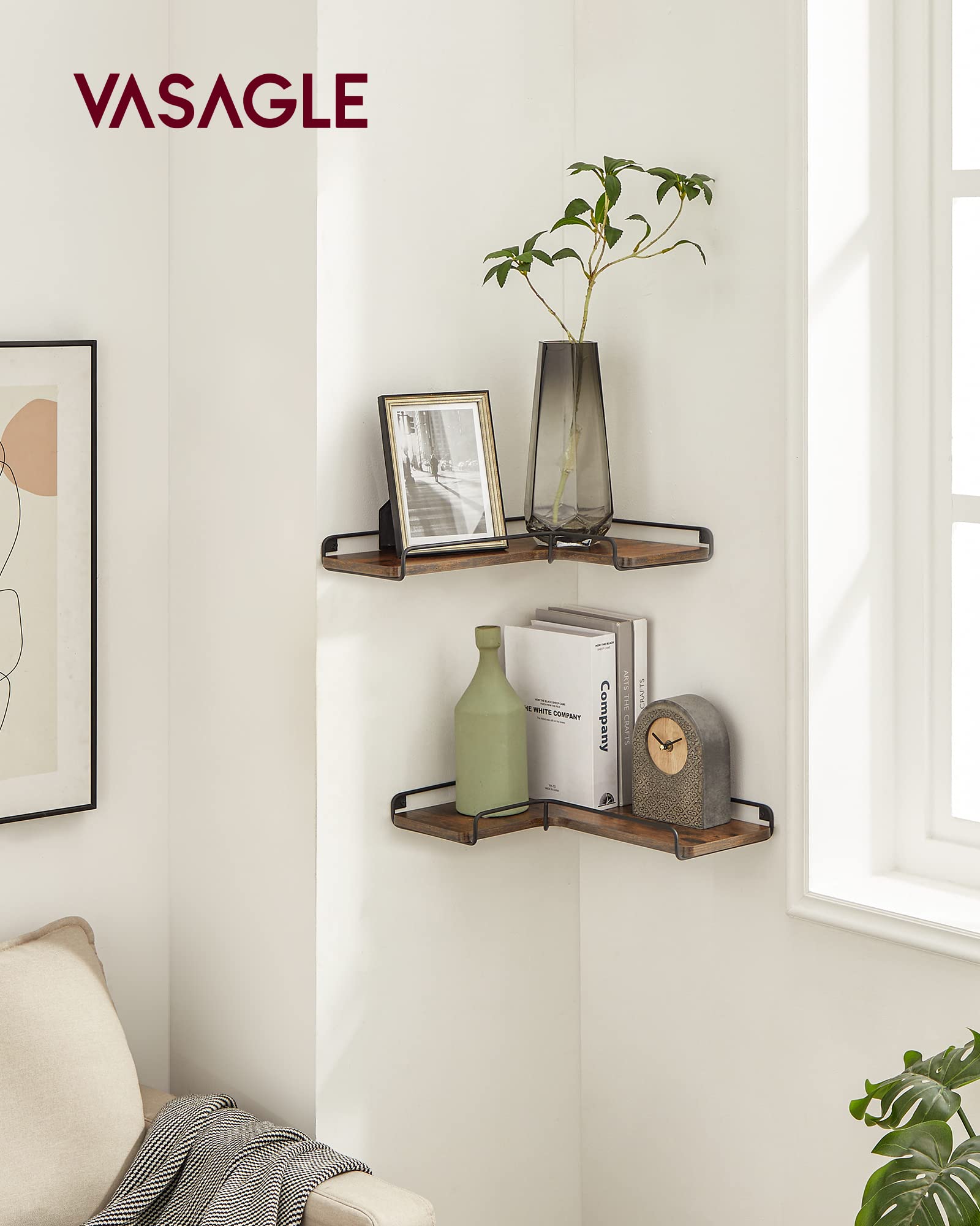 VASAGLE Set of 2 Corner Floating Shelves Wall Mounted - Rustic Brown & Black Wooden Storage Shelves for Living Room, Bedroom, Kitchen, Bathroom Decor | Perfect for Small Spaces, Displaying Photos, Plants & Home Organization ULLS831B01