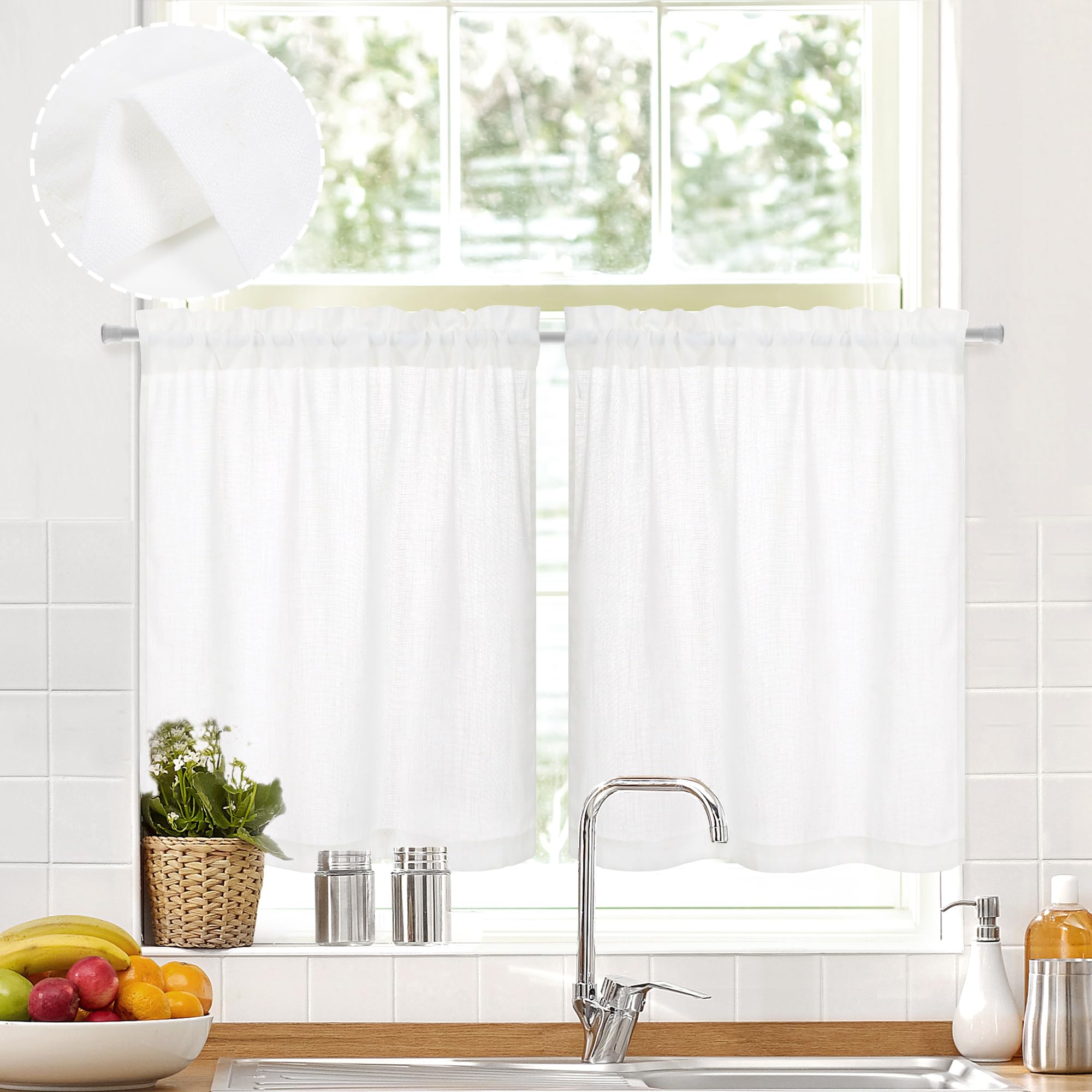 Deconovo 24 Inch Cafe Curtains - Farmhouse Style Rod Pocket Faux Linen Kitchen Window Curtains for Small Windows (26x24 Inch, 2 Panels, Pure White) - Perfect for Cozy Kitchens, Breakfast Nooks & Cottage Style Homes