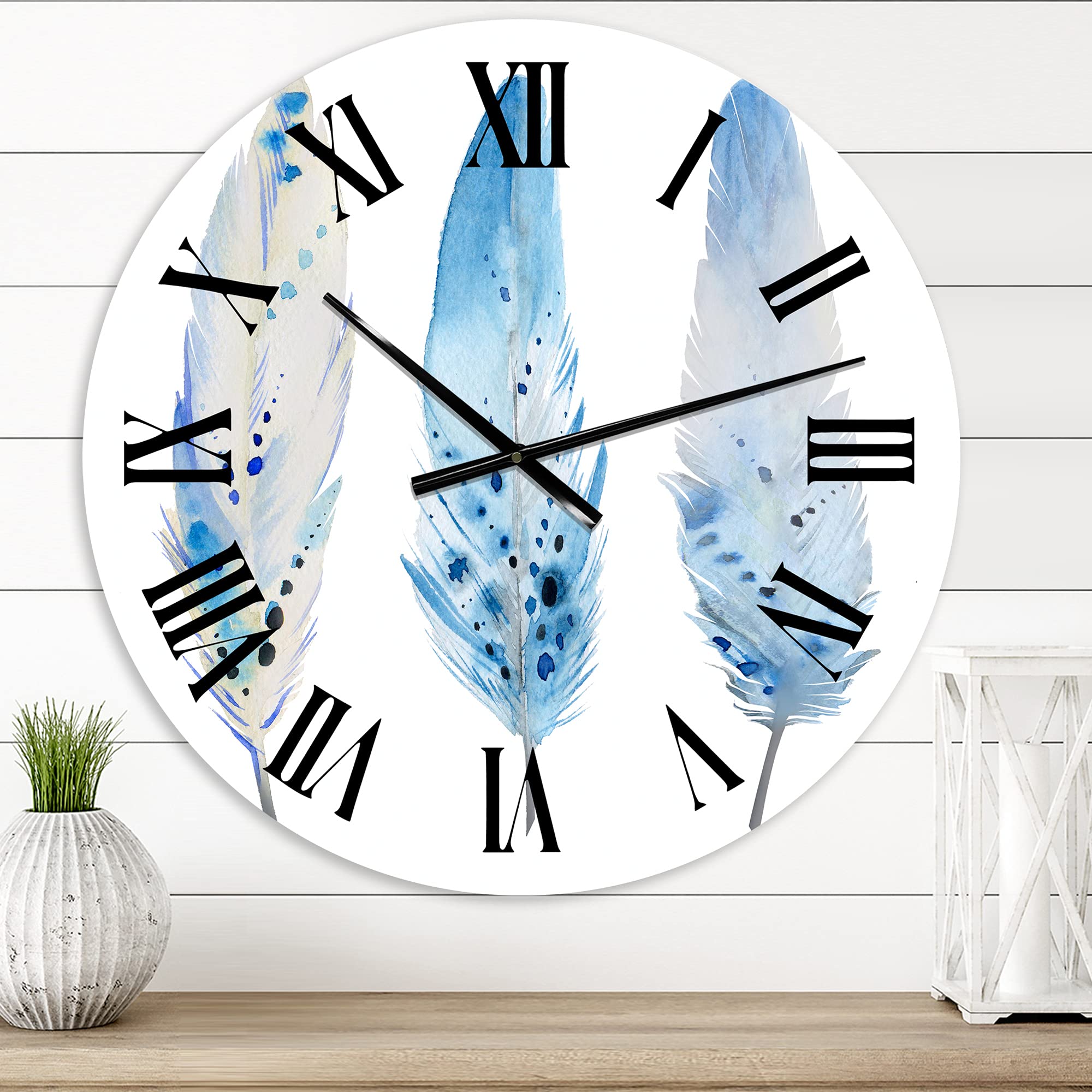 Blue Boho Feathers II Lake House Wall Clock - Large Decorative Wall Clock for Living Room, Bedroom & Office - Unique World Cultures Design for Home & Office Decor