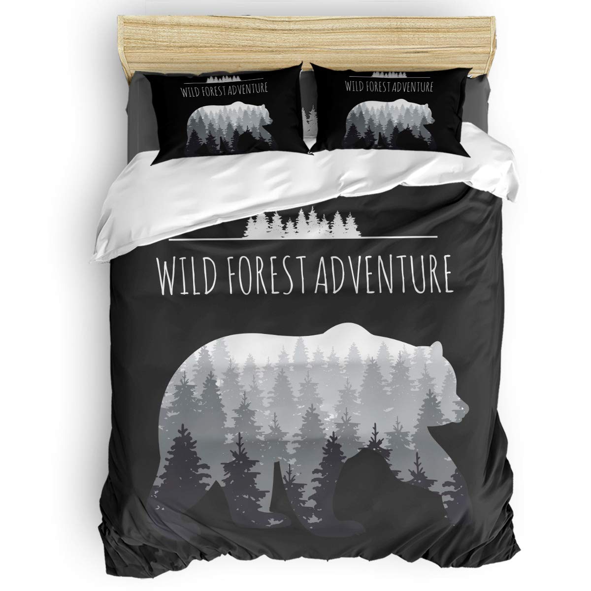 Millxiu 4-Piece Luxury Bedding Set - Full Size Duvet Cover, Bed Sheet & 2 Pillowcases - Wild Forest Adventure Theme with Bear Silhouette & Inspirational Quote - Soft Brown Bedding for Girls, Boys, Teens & Women - Perfect for Cozy Bedrooms, Guest Rooms & Dorm Decor