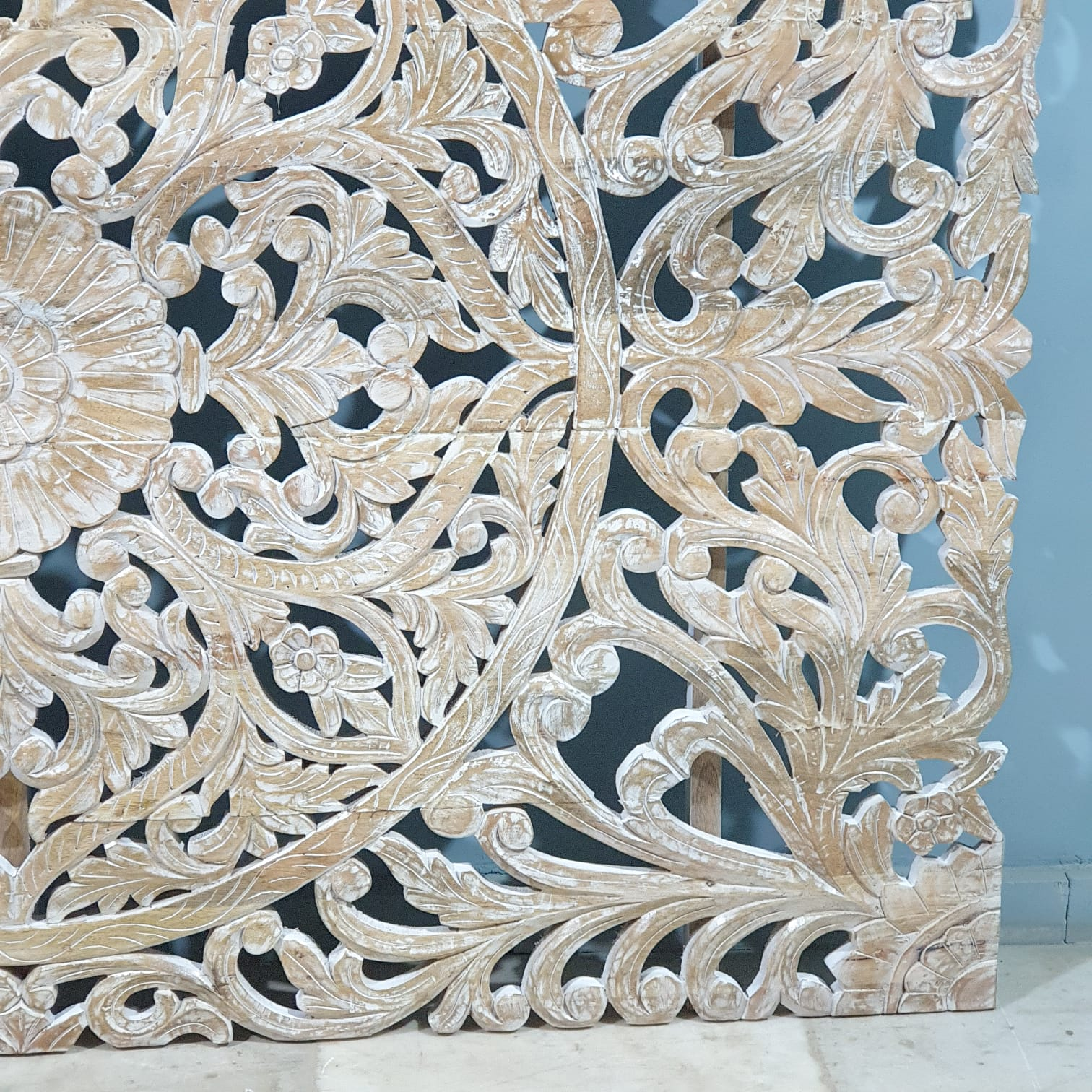 Handmade Carved Solid Mango Wood Floral Wall Art Panel - Whitewashed Bohemian Decor for Living Room, Bedroom & Office