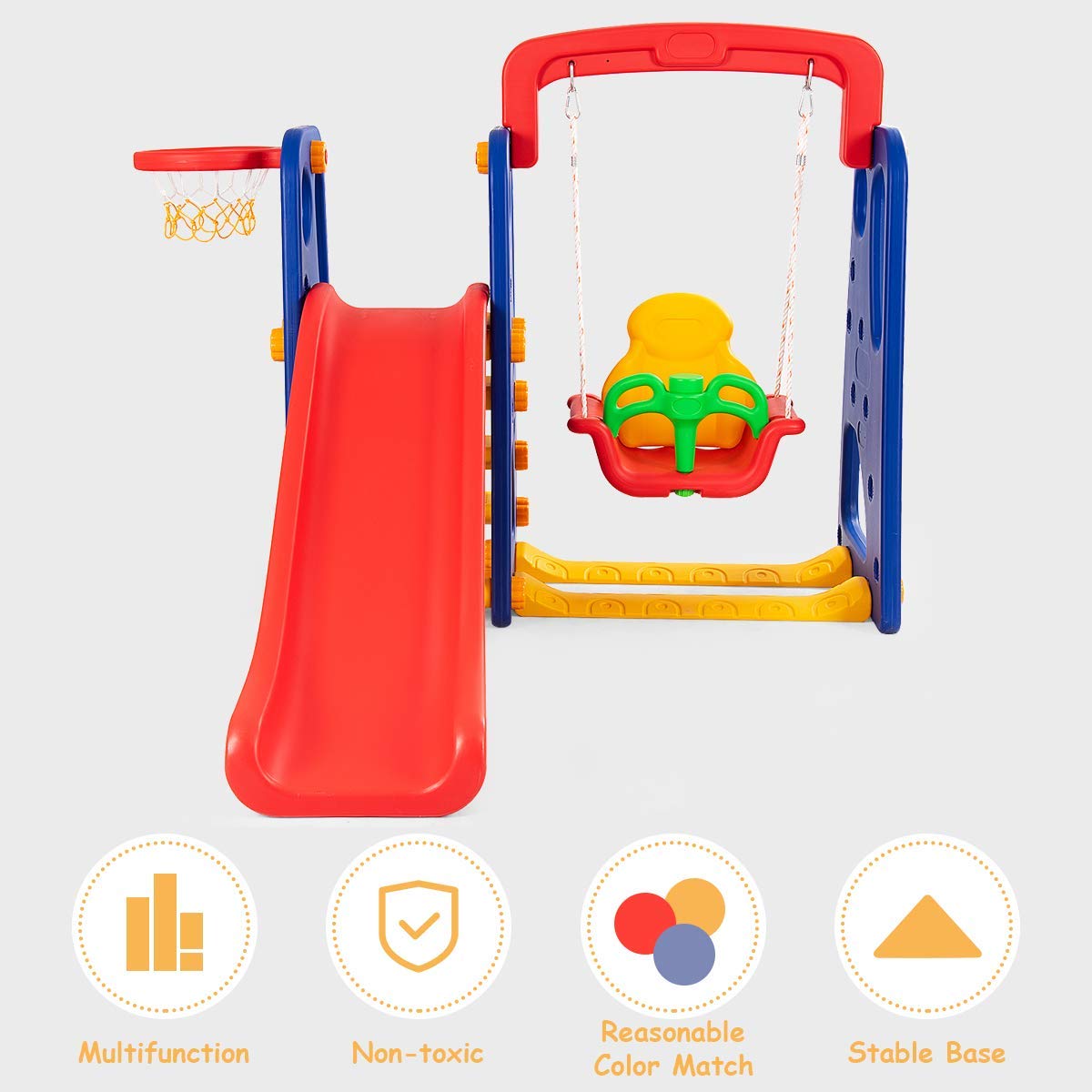**HOMGX 4-in-1 Kids Slide and Swing Set - Outdoor & Indoor Playground for Toddlers with Basketball Hoop, Climbing Stairs & Long Slide - Easy Setup Backyard Playset for Boys & Girls - Perfect for Gardens, Parks, and Playrooms**