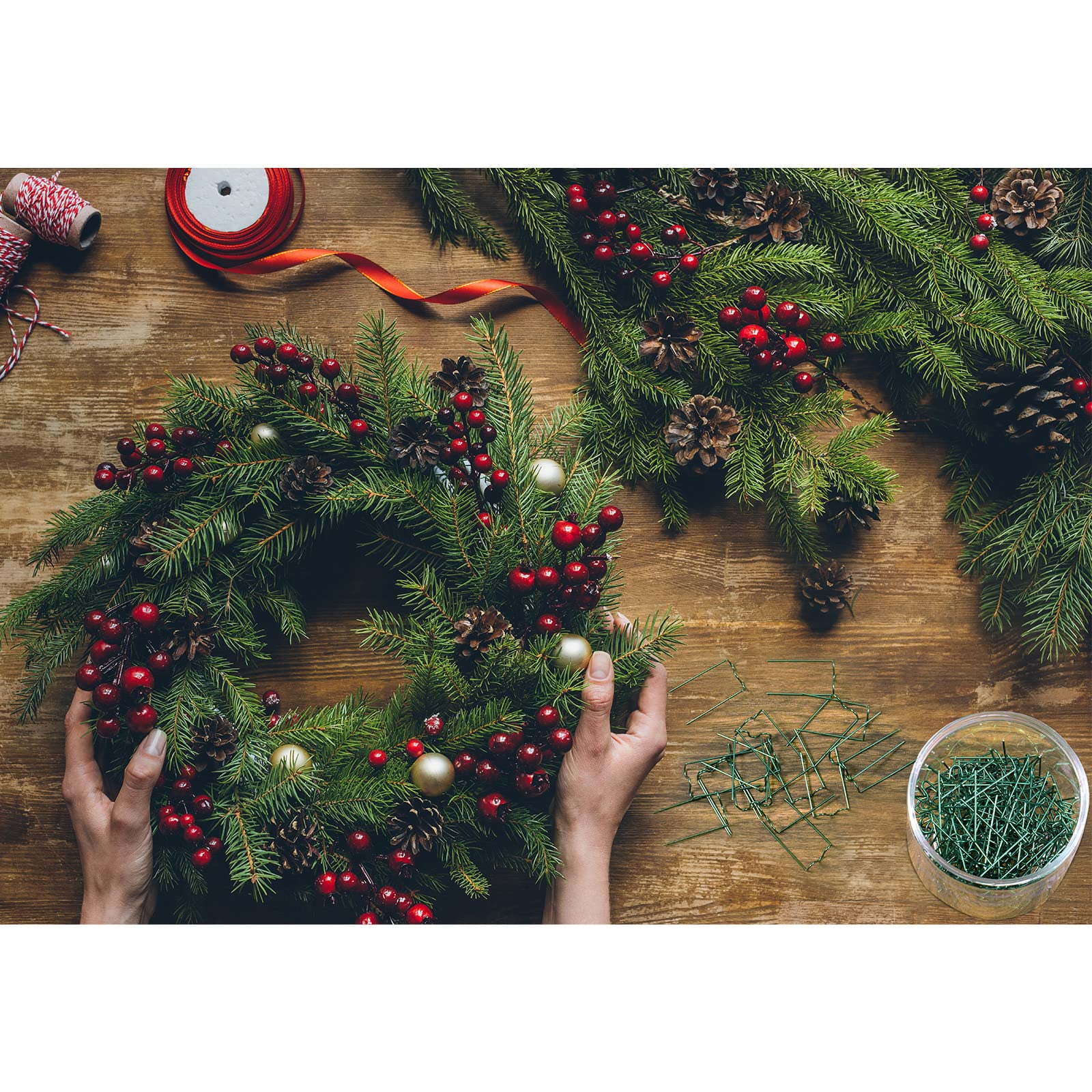 120 Pcs Floral U Pins - 1.25 Inch Green Plant Pins for Straw Wreaths, Fabric Flowers, Holiday Arrangements & DIY Crafts - Includes Storage Box - Perfect for Valentine's Day, Weddings, Home Decor & Floral Design Projects