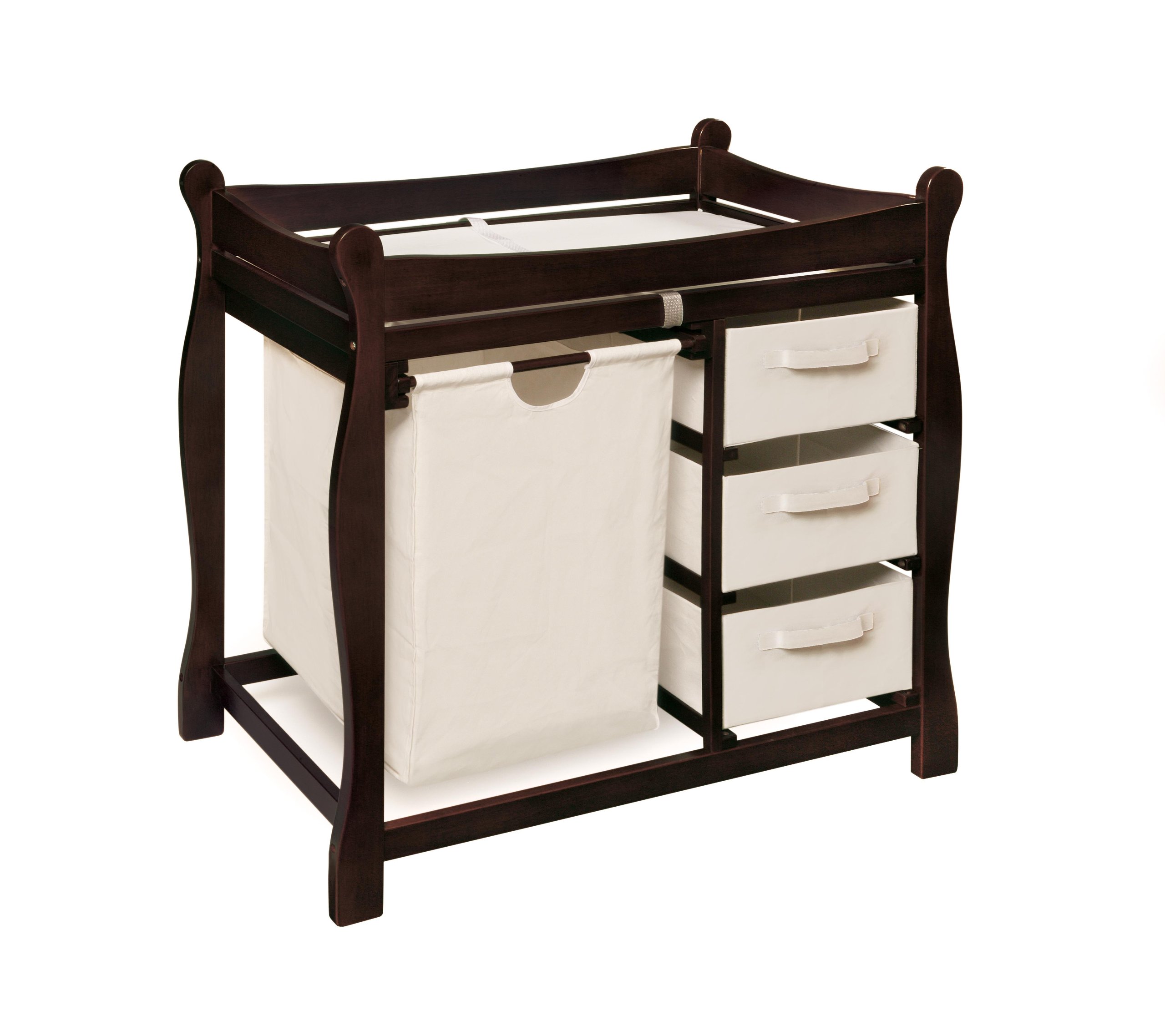 Badger Basket Sleigh Style Baby Changing Table with Laundry Hamper & 3 Storage Drawers - Espresso Finish | Nursery Organization & Diaper Changing Station for Newborns & Infants