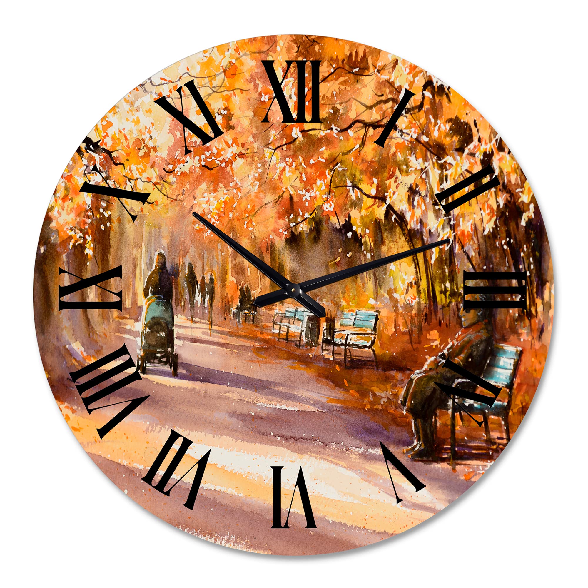 Large Country Wall Clock 'Road in The Park in Sunny Autumn Day' - Landscape & Nature Decor for Kitchen, Living Room, Bedroom - Perfect Rustic Home Décor Gift