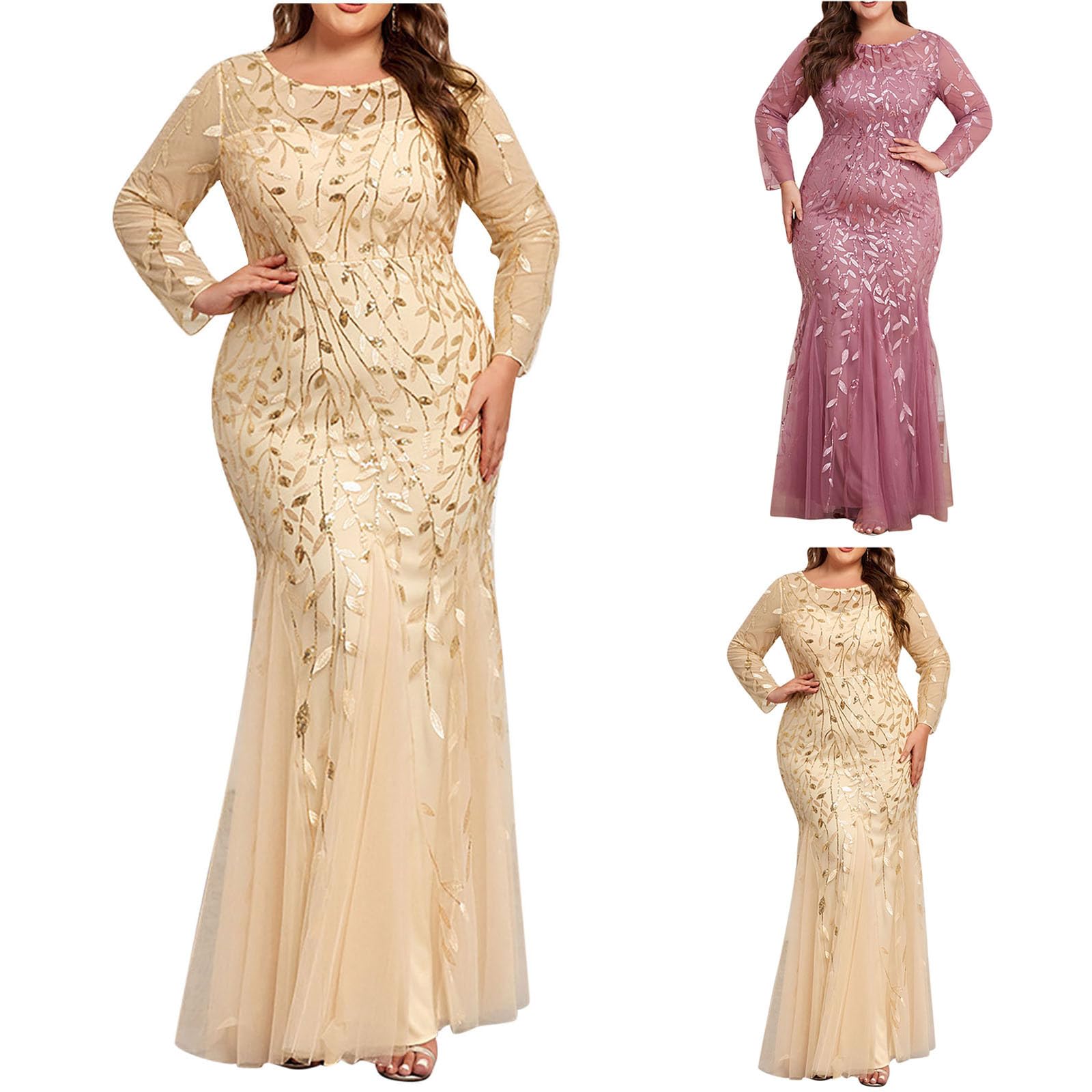 Plus Size Formal Dresses for Women - Elegant Long Sleeve Sequin Tulle Ball Gown with Sparkly Applique, Crewneck Bodycon Maxi Dress for Prom, Wedding & Special Occasions
