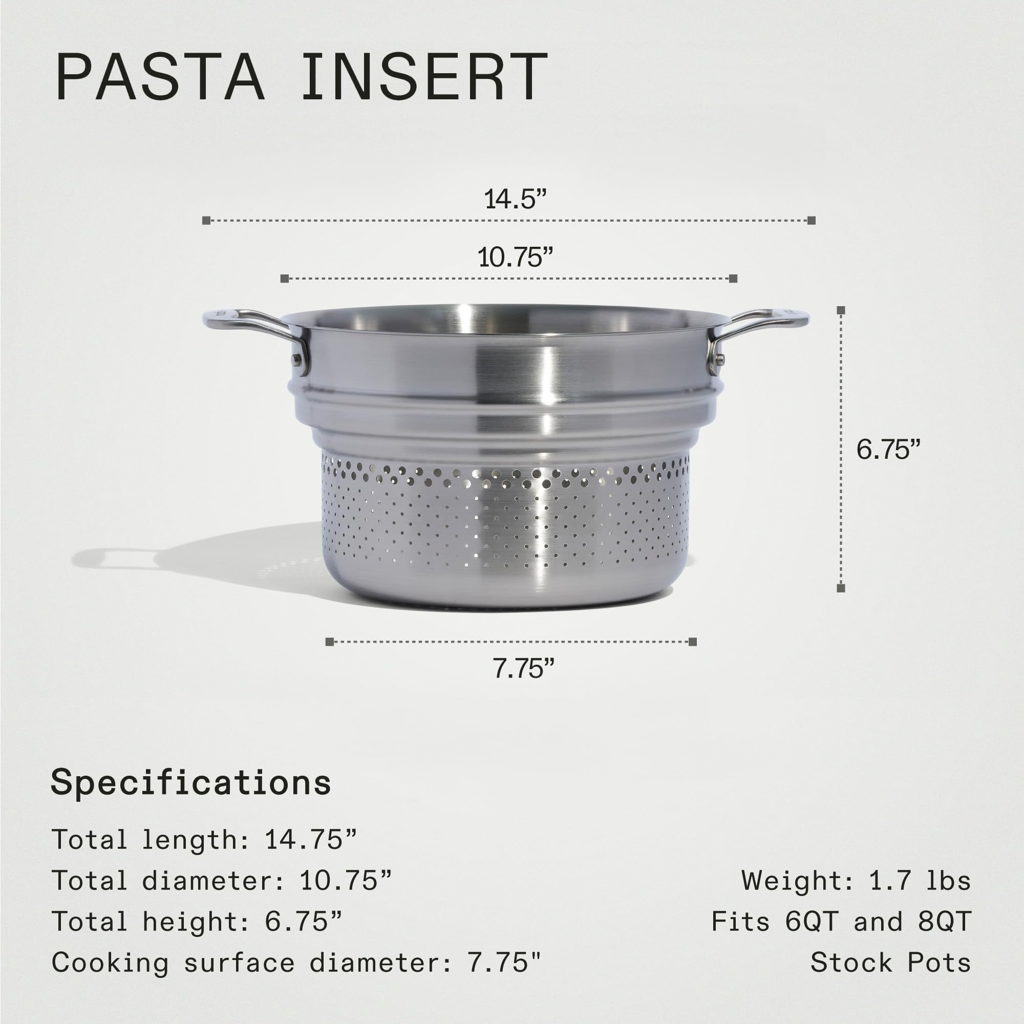 Premium Stainless Steel Pasta Insert for 6 & 8 QT Stock Pots - Professional Cookware Made in Thailand - Perfect for Pasta Cooking, Steaming Vegetables & Meal Prep