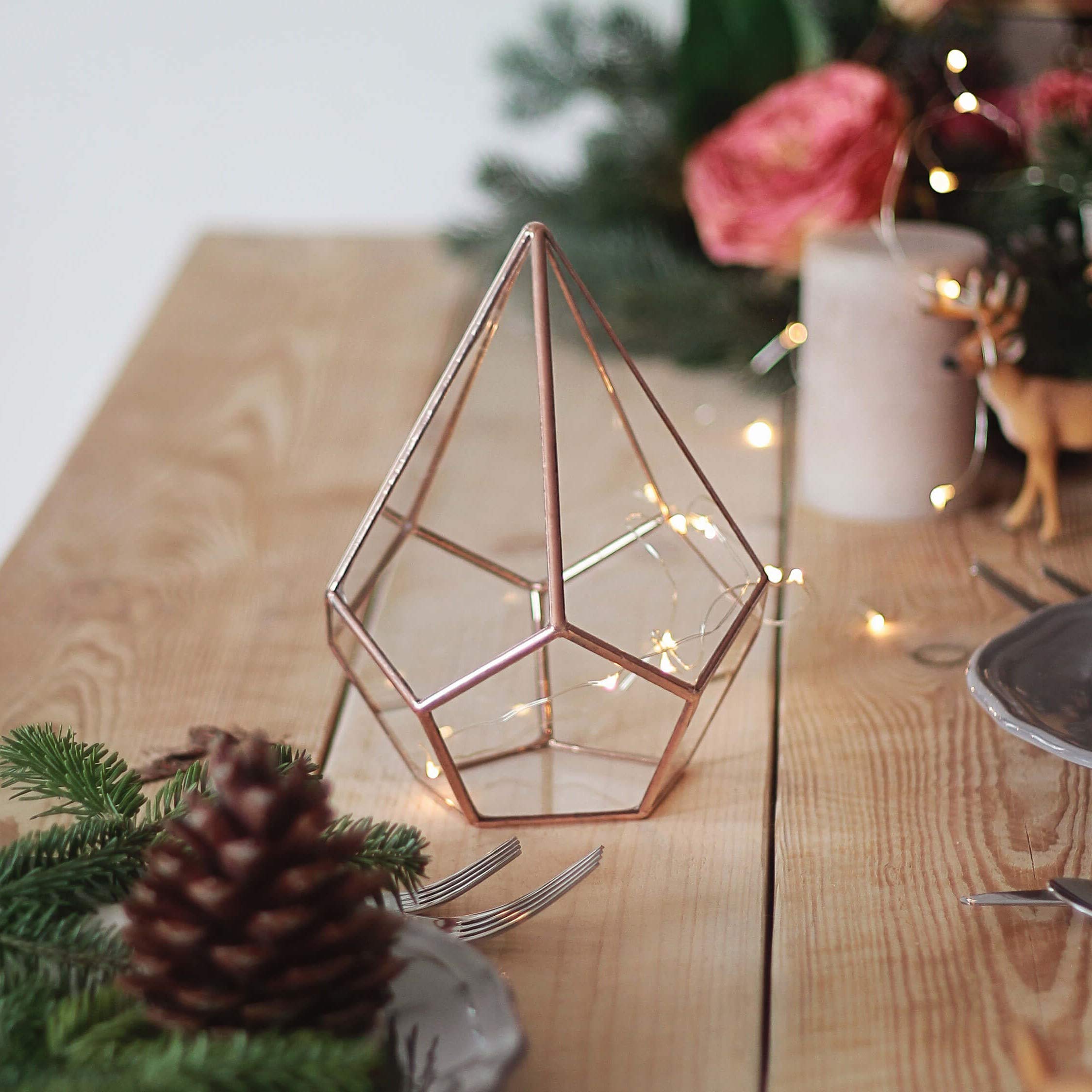 Elegant Small Glass Geometric Holiday Table Centerpiece - Teardrop Shape in Copper, Silver & Black | Perfect for Christmas, Thanksgiving & Wedding Decorations