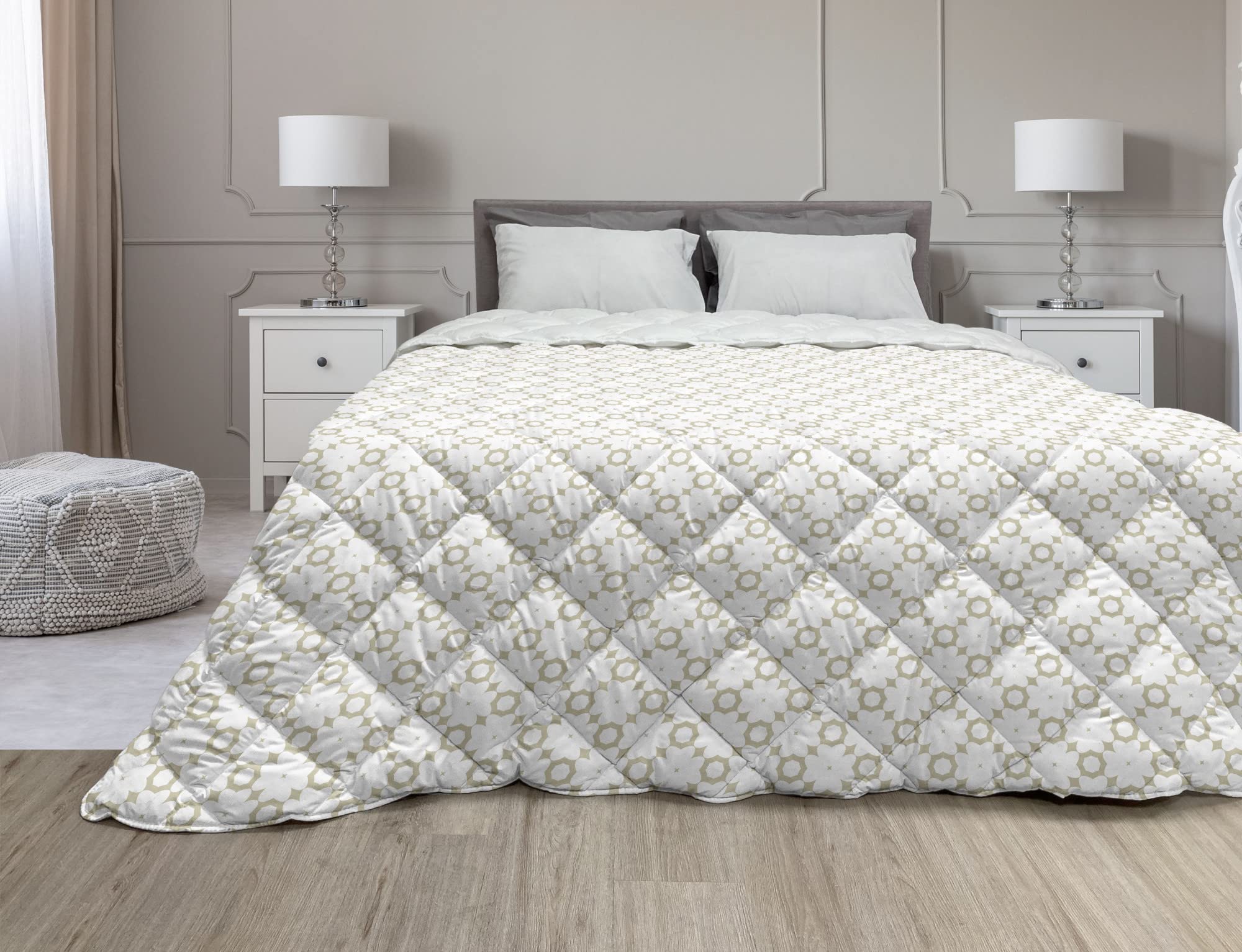 Ambesonne Floral Down Alternative Comforter - Twin Size White Pale Khaki Microfiber Quilt | All-Season Lightweight Bedding with Bicolor Flower Print | Perfect for Guest Rooms, Dorms & Cozy Bedroom Decor