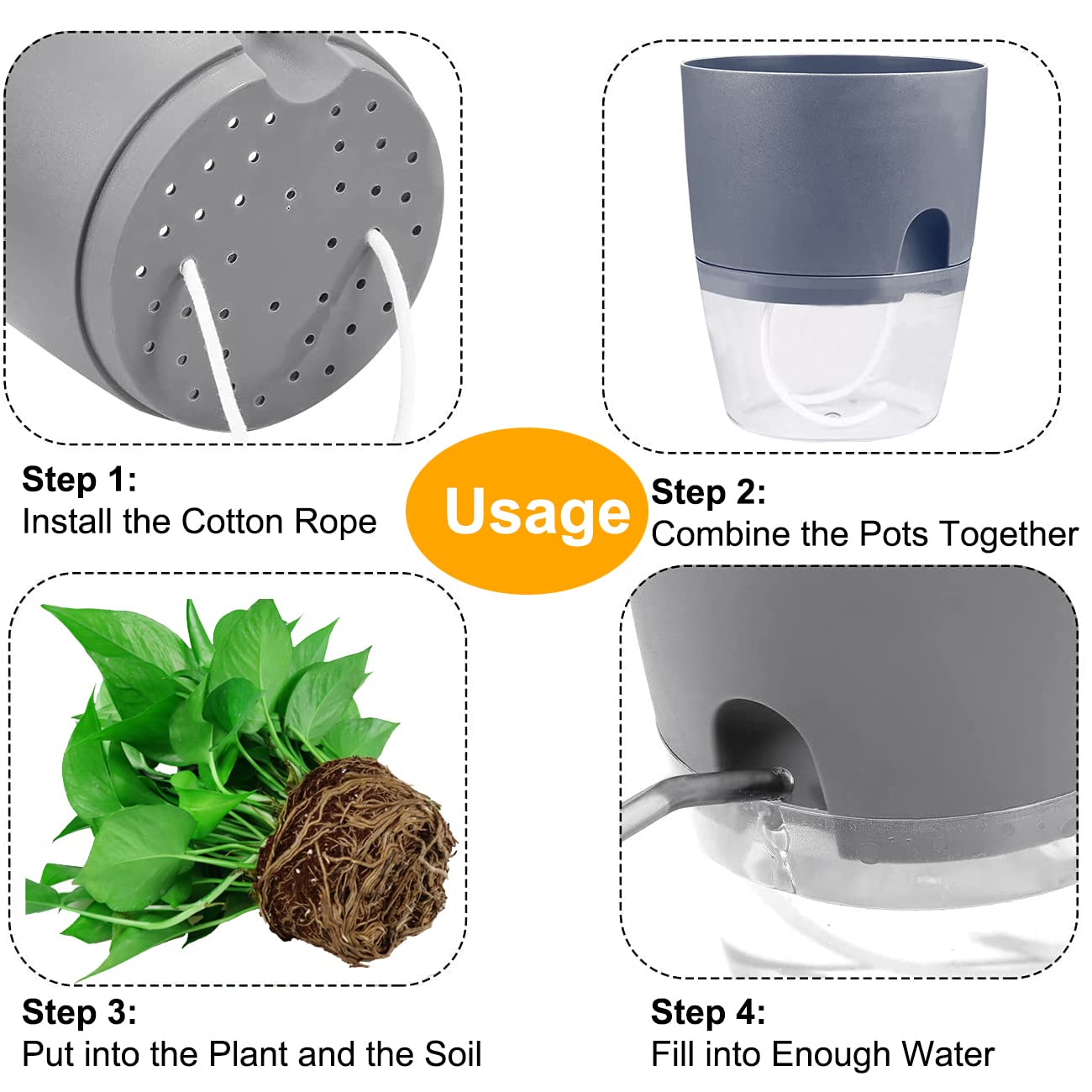 Self Watering Planters 4 Pack – 4.1 Inch African Violet Pots with Transparent Water Reservoir, Modern Decorative Indoor Flower Pots for House Plants, Succulents, Herbs – Perfect for Home, Office, Kitchen Decor (Gray)