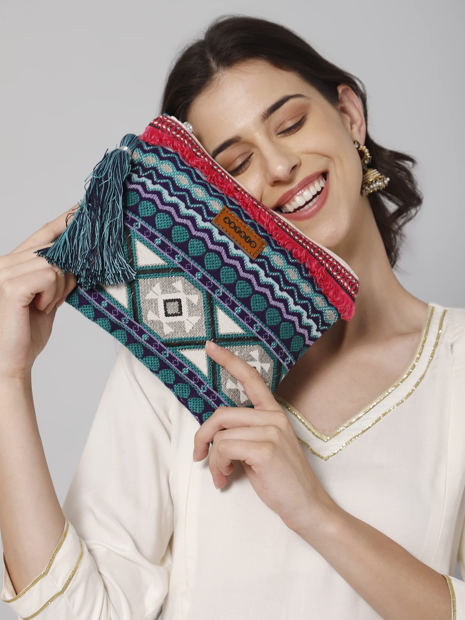 ASTRID 20cm Blue Cotton Makeup Pouch with Tassels - Travel Cosmetic Bag for Women, Perfect for Toiletries, Jewelry & Accessories Organization (Ideal for Vacation, Gym & Daily Use)