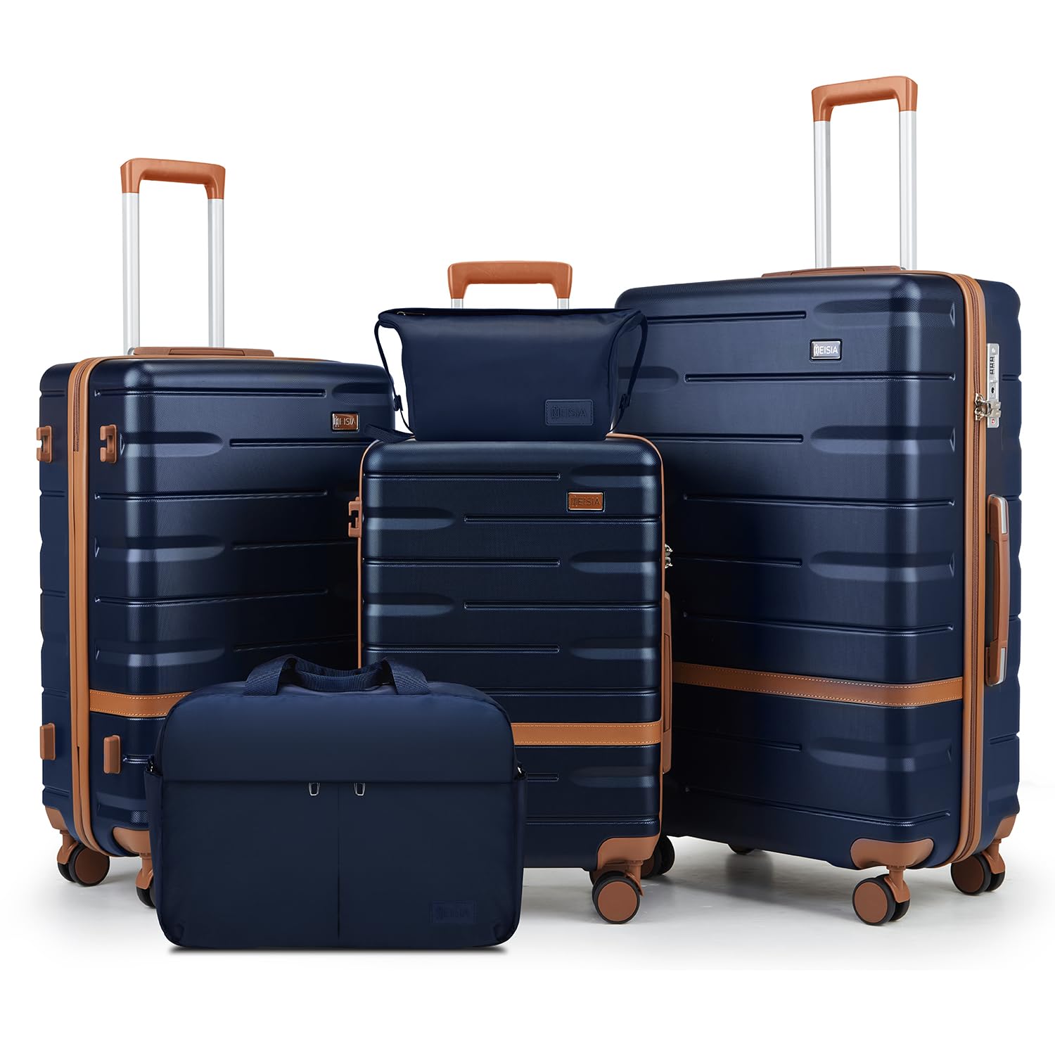 5-Piece Lightweight Hard Shell Luggage Set with Spinner Wheels - Durable PC+ABS Material Suitcases for Family Travel & Vacation (Navy Blue) | Perfect for Airplane Carry-On, Road Trips & Business Travel